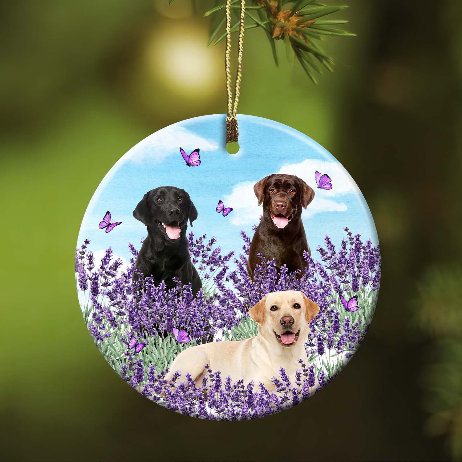 Labradors on lavender field Circle Ceramic Ornament