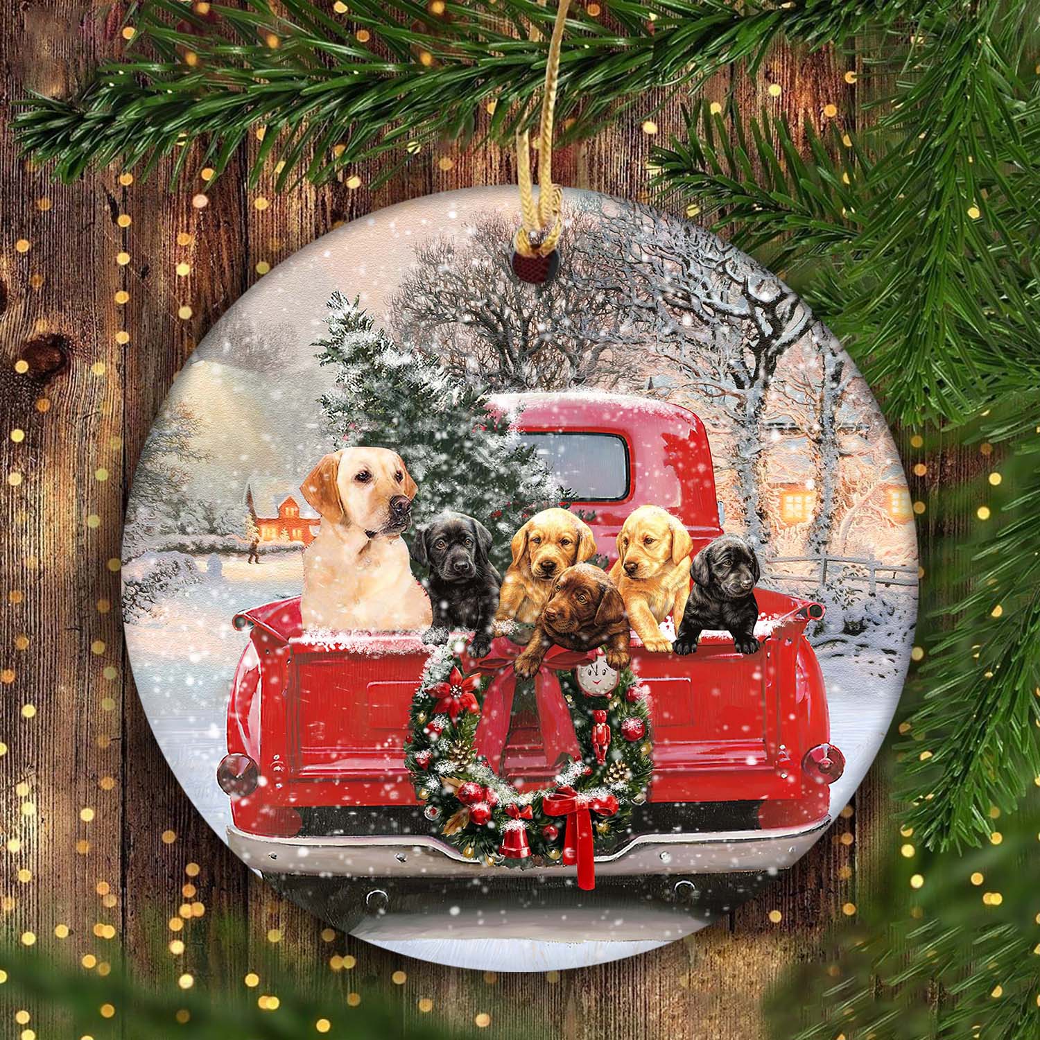 Labrador dogs on Christmas night, Christmas wreath - Labrador Ceramic Circle Ornament