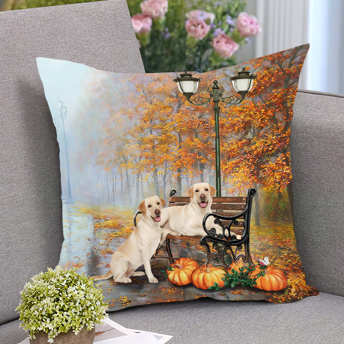 Labrador and Halloween pumpkins Labrador AOP Pillow