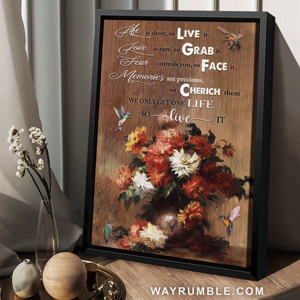 Jesus, Hummingbird, Flower Vase - So live it Portrait Canvas Prints, Wall Art