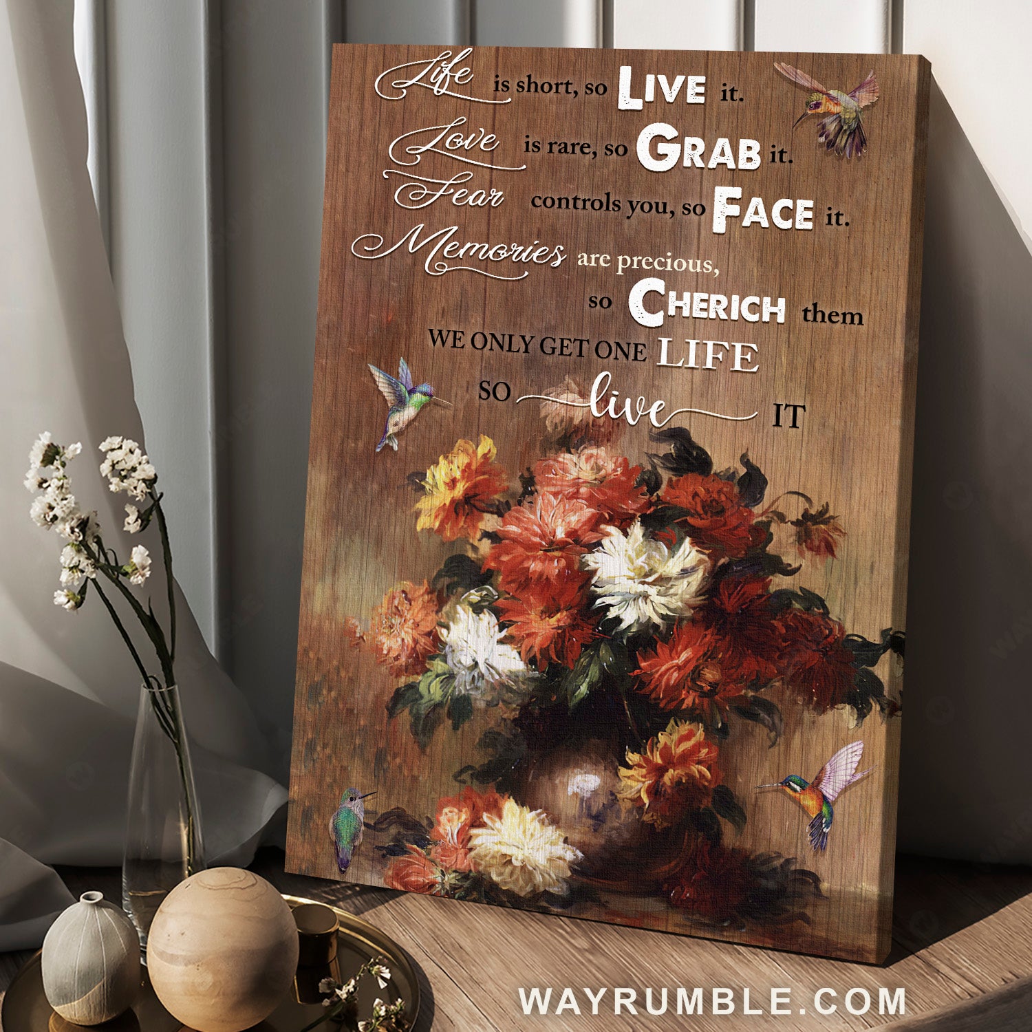 Jesus, Hummingbird, Flower Vase - So live it Portrait Canvas Prints, Wall Art