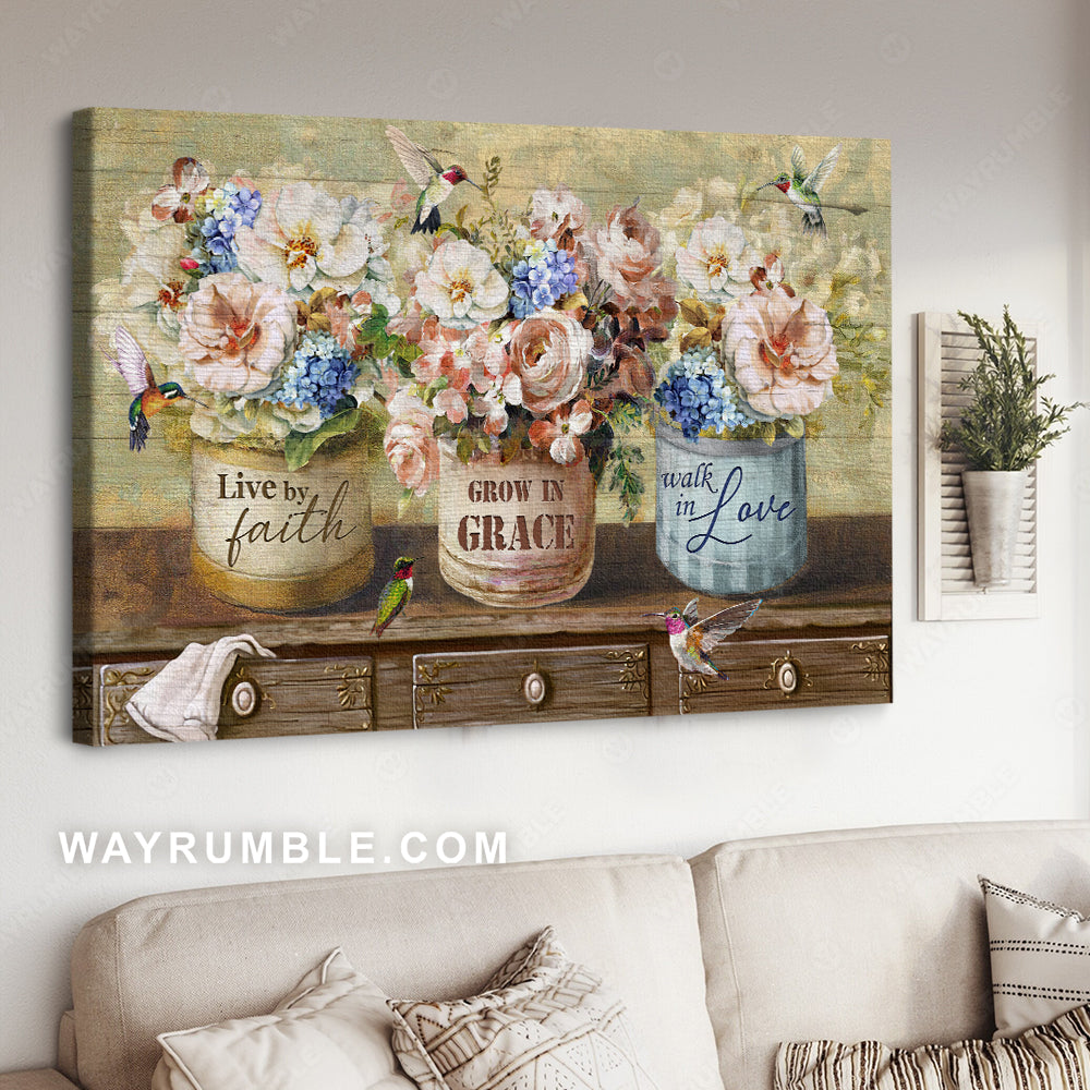 Gorgeous flower vase, Lovely hummingbird, Vintage art, Faith, Grace, Love - Jesus Landscape Canvas Prints, Home Decor Wall Art