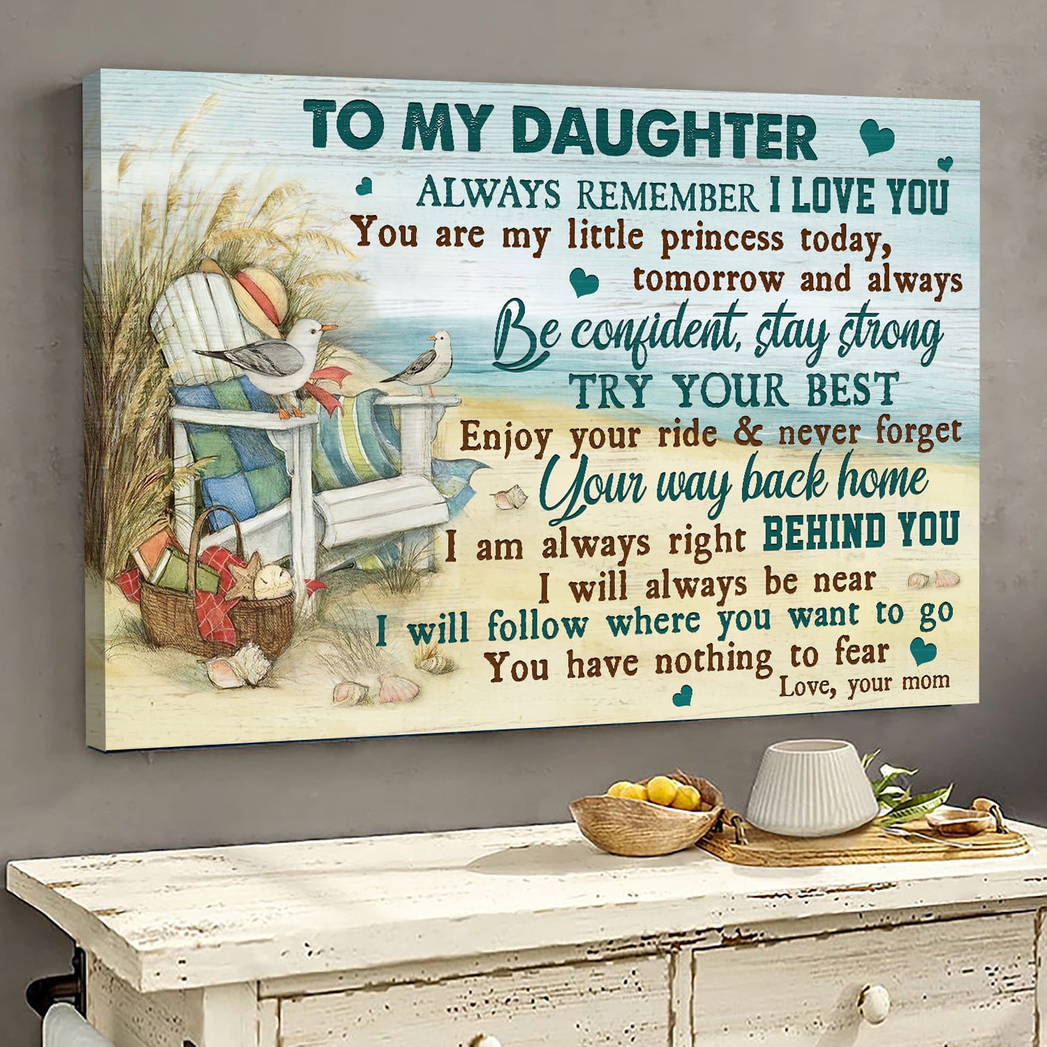 Mom to daughter, Beach chair, Camping Basket, Seagulls, Always remember I love you - Family Landscape Canvas Prints, Wall Art