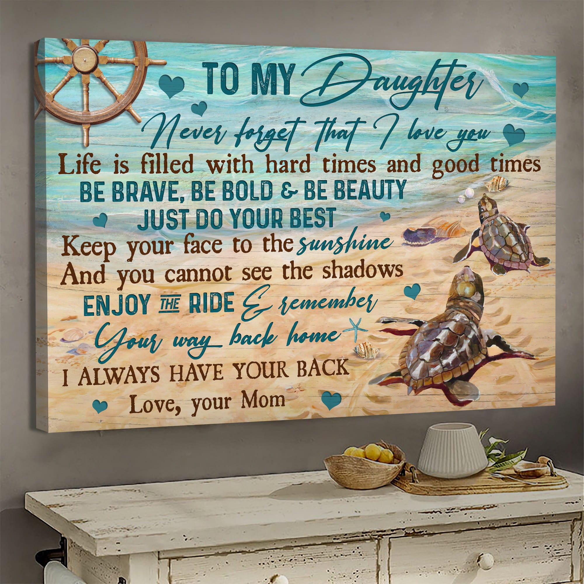 Mom to daughter, Turtle Family, On the beach, Never forget that I love you - Family Landscape Canvas Prints, Wall Art