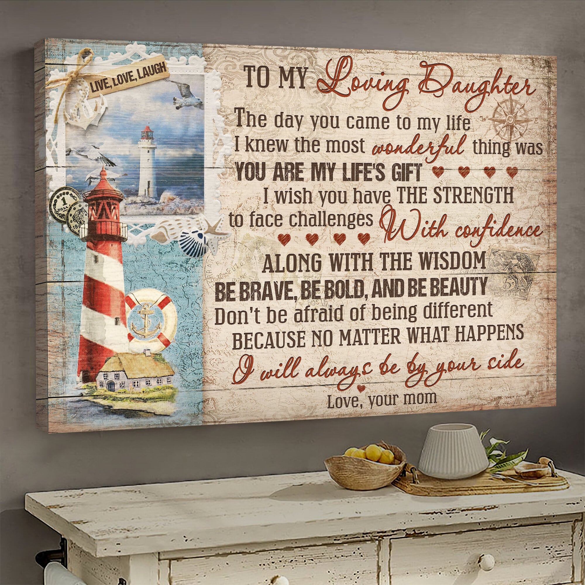 Mom to daughter, Sea stamp, Lighthouse, Lifebuoy, You are my life's gift - Family Landscape Canvas Prints, Wall Art