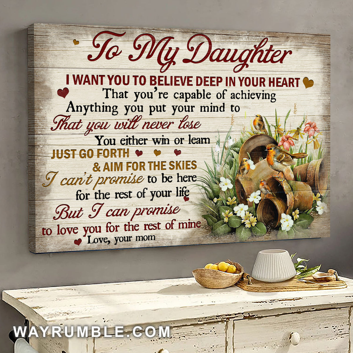 Mom to daughter, Sparrow, Flower pot, I want you to believe deep in your heart - Family Landscape Canvas Prints, Wall Art
