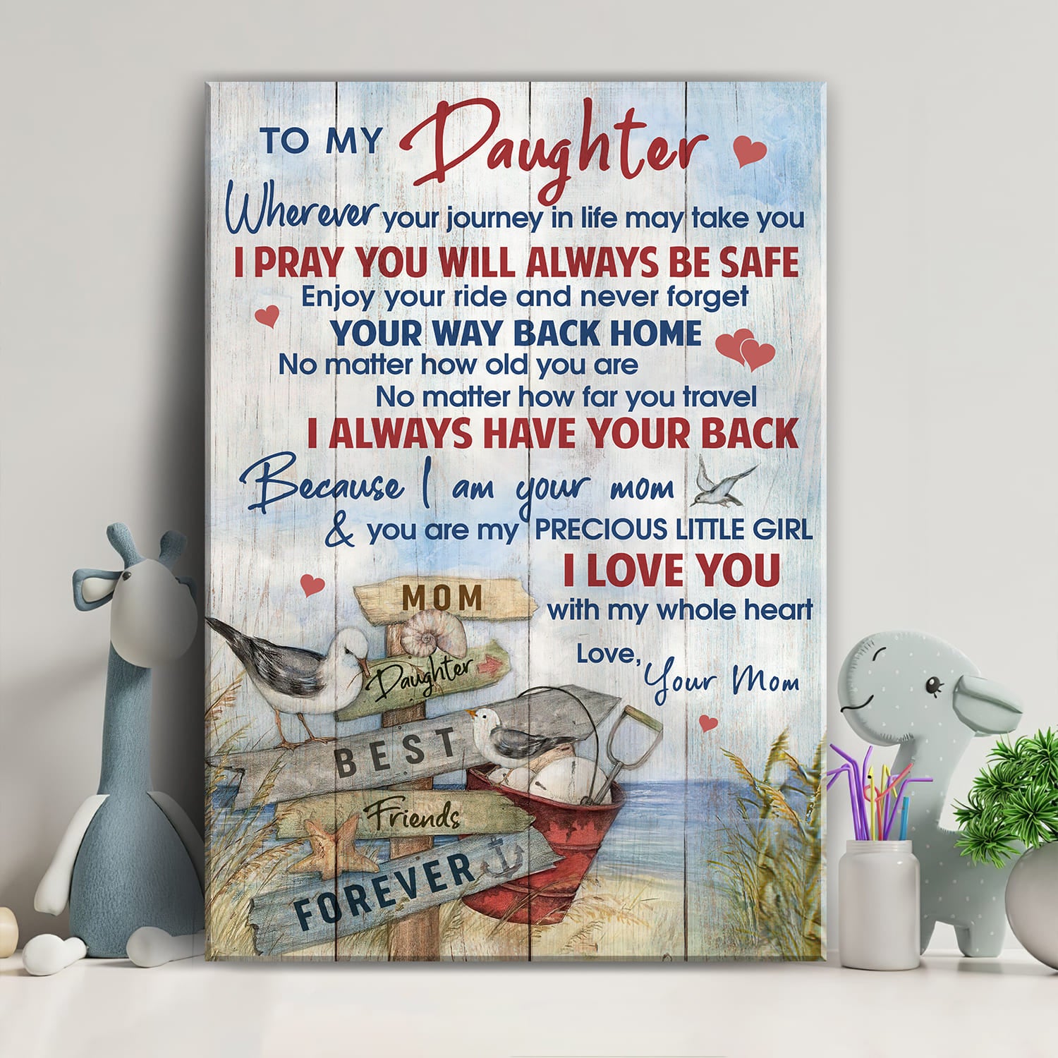 Mom to daughter, Beach scenery, Seagulls, I love you with my whole heart - Family Portrait Canvas Prints, Wall Art