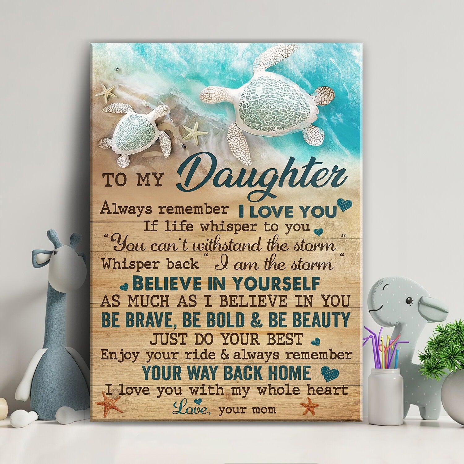 Mom to daughter, Sea turtle, Beach, Believe in your self - Family Portrait Canvas Prints, Wall Art