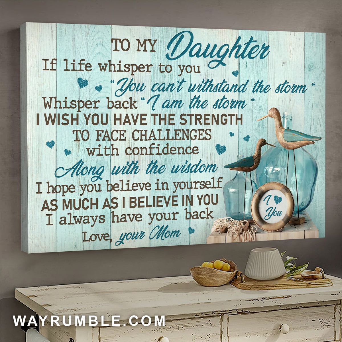 Mom to daughter, Wooden Seagull, Glass Bottle, I wish you have strength to face challenges - Family Landscape Canvas Prints, Wall Art