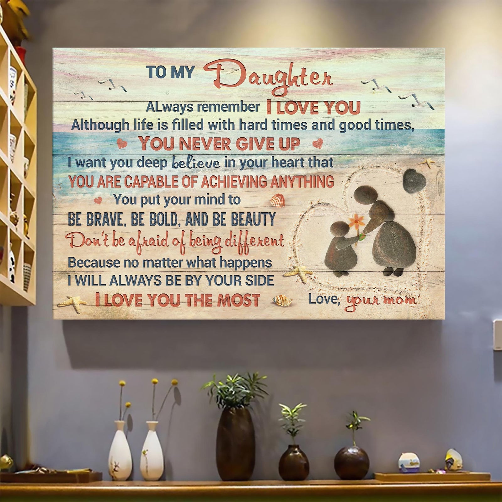 Mom to daughter, Pebble mother and daughter, Beach, Always remember that I love you - Family Landscape Canvas Prints, Wall Art