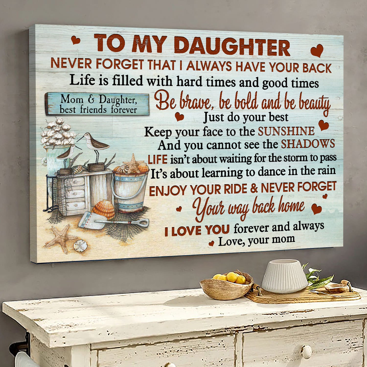 Mom to daughter, Basket of seashell, Be brave, be bold, be beauty - Family Landscape Canvas Prints, Wall Art