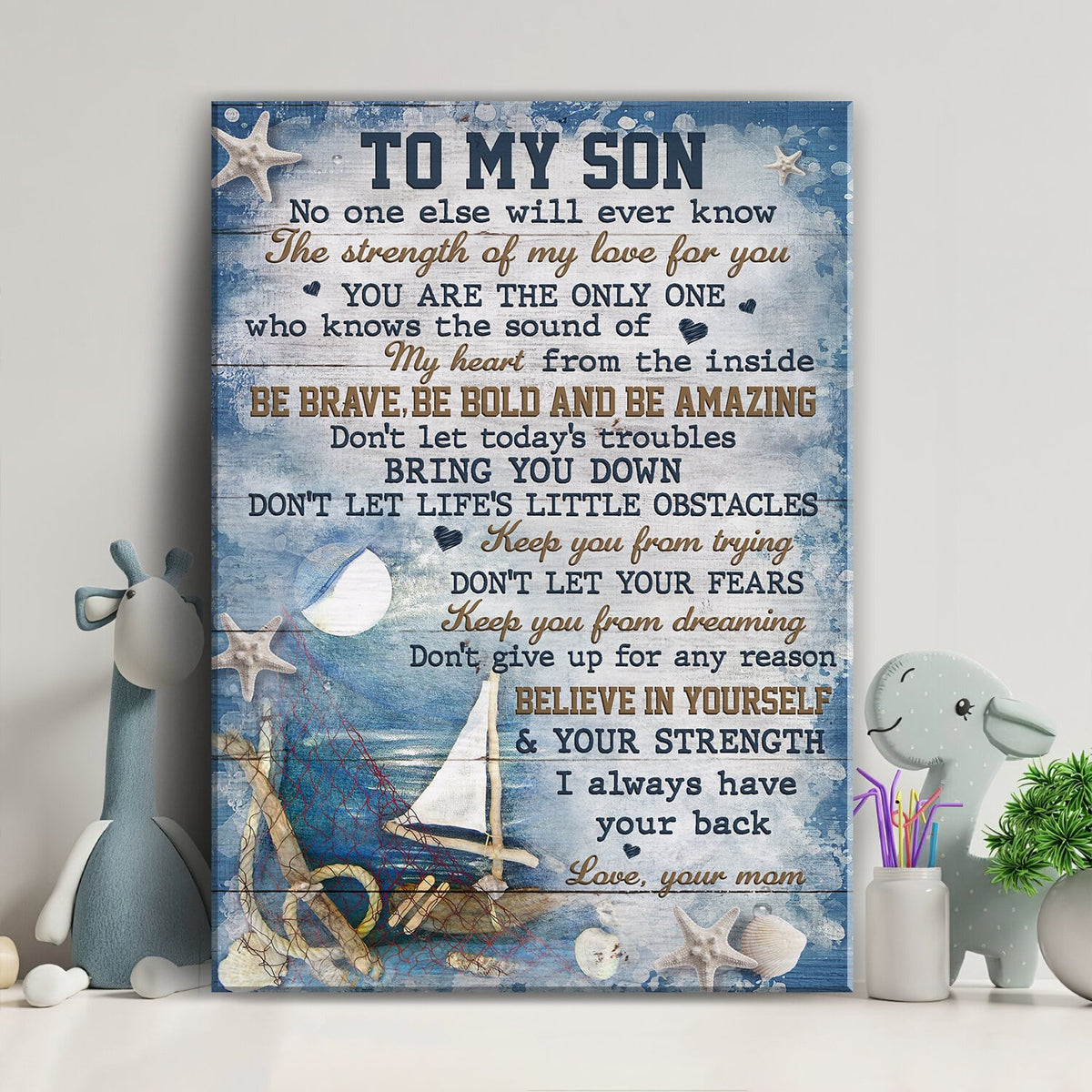 Mom to son, Wooden boat, Under the moon, Be brave, be bold and be amazing - Family Portrait Canvas Prints, Wall Art