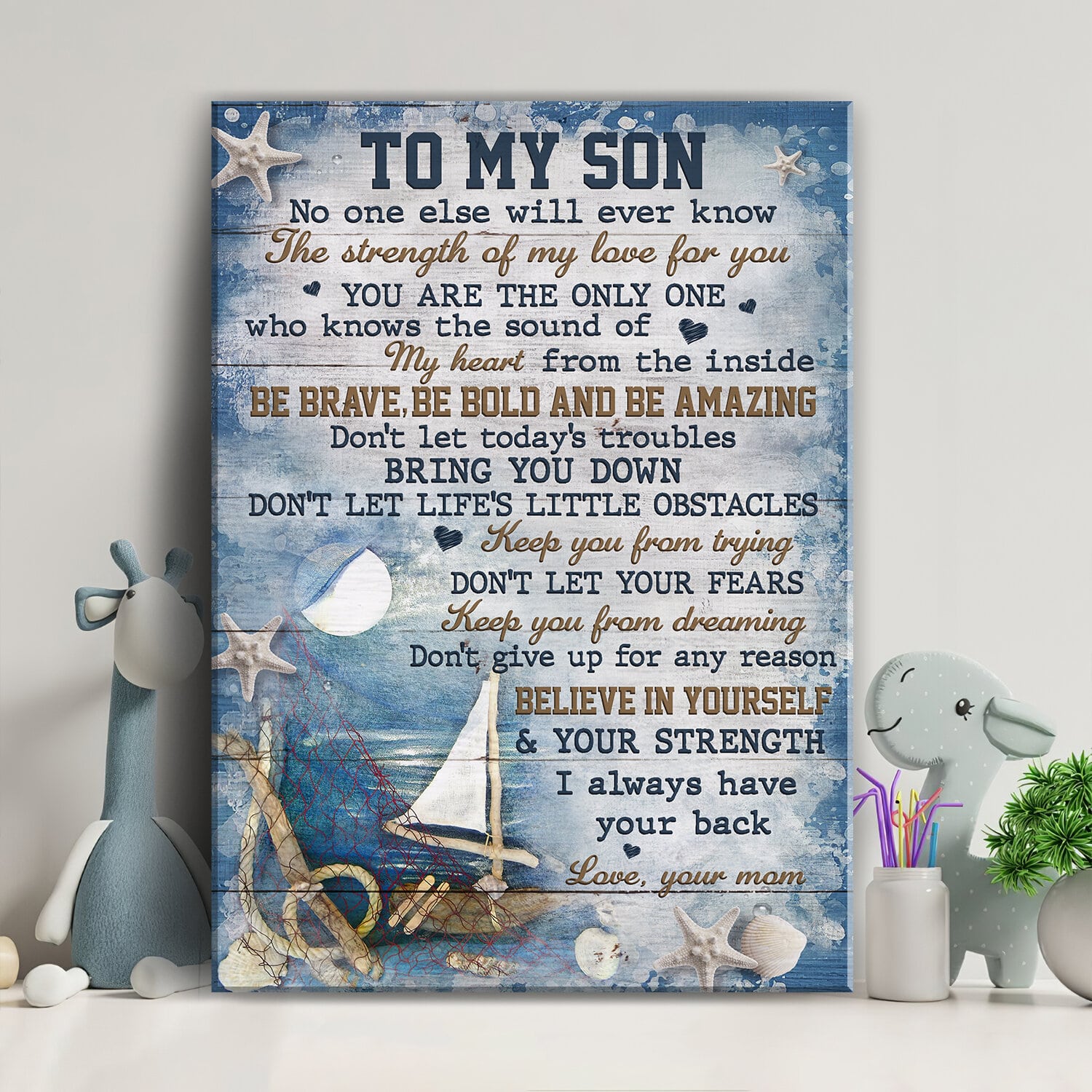 Mom to son, Wooden boat, Under the moon, Be brave, be bold and be amazing - Family Portrait Canvas Prints, Wall Art