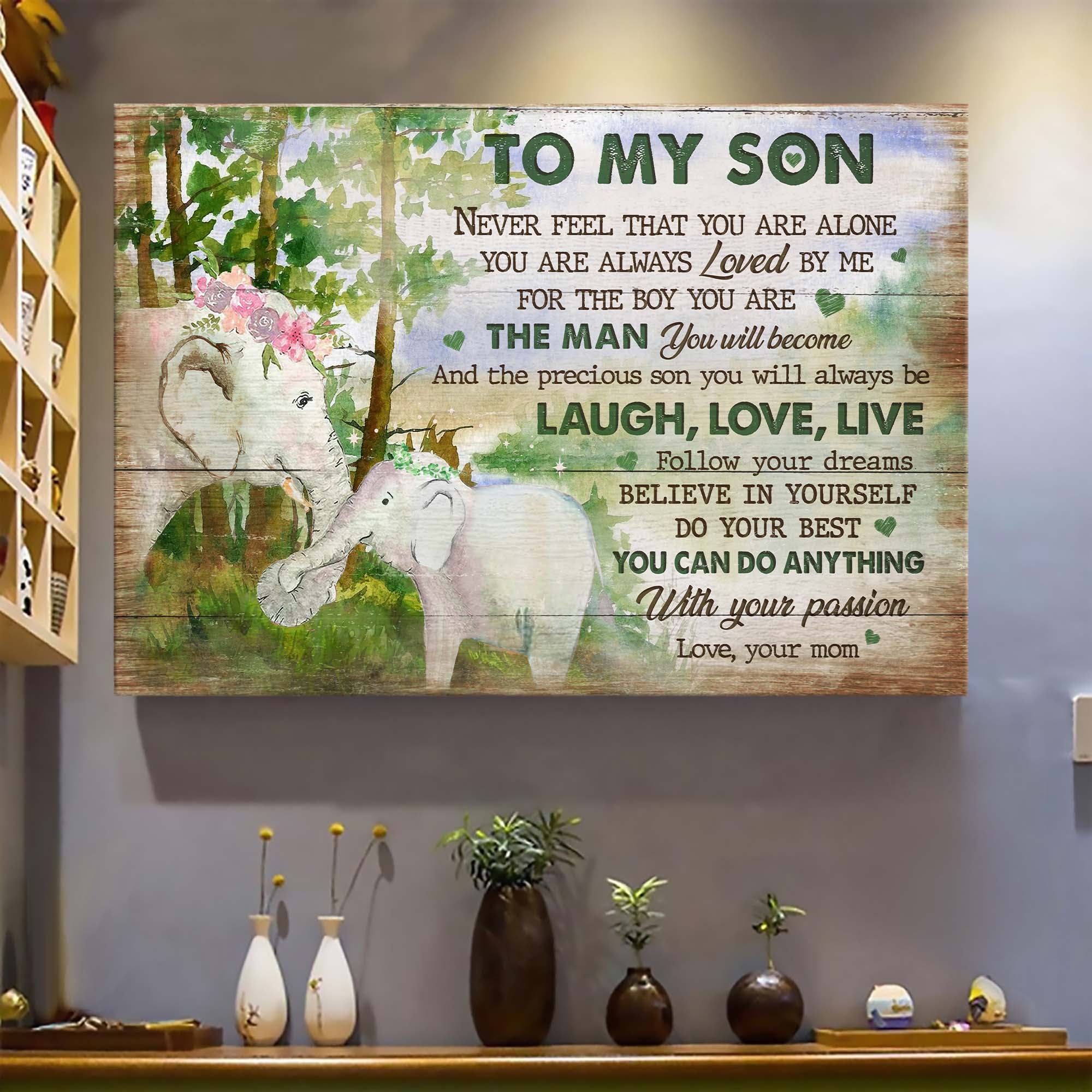 Mom to son, Elephant mom and son, Never feel that you are alone - Family Landscape Canvas Prints, Wall Art