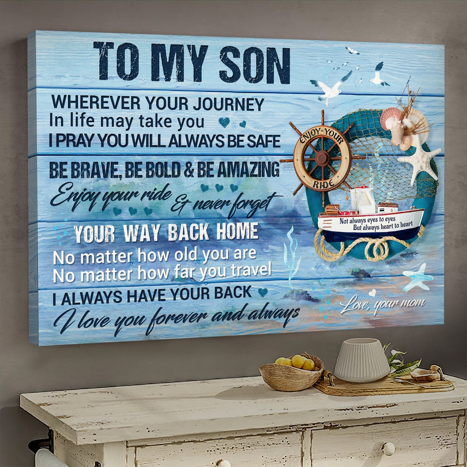 Mom to son, Beach saver, helm, Enjoy your ride and never forget your way back home - Family Landscape Canvas Prints, Wall Art