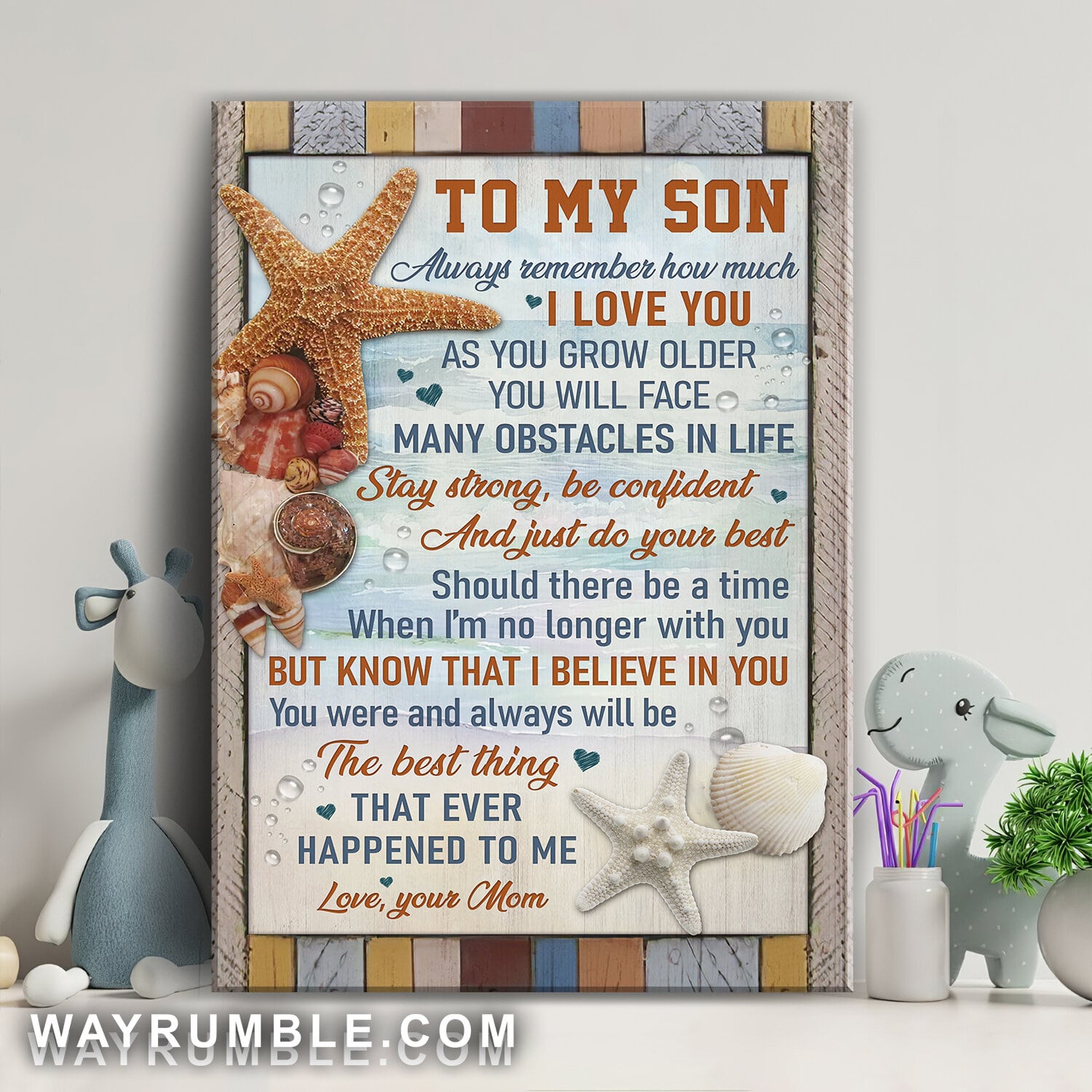 Mom to son, Starfish, Seashell, On the beach, Always remember how much I love you - Family Portrait Canvas Prints, Wall Art