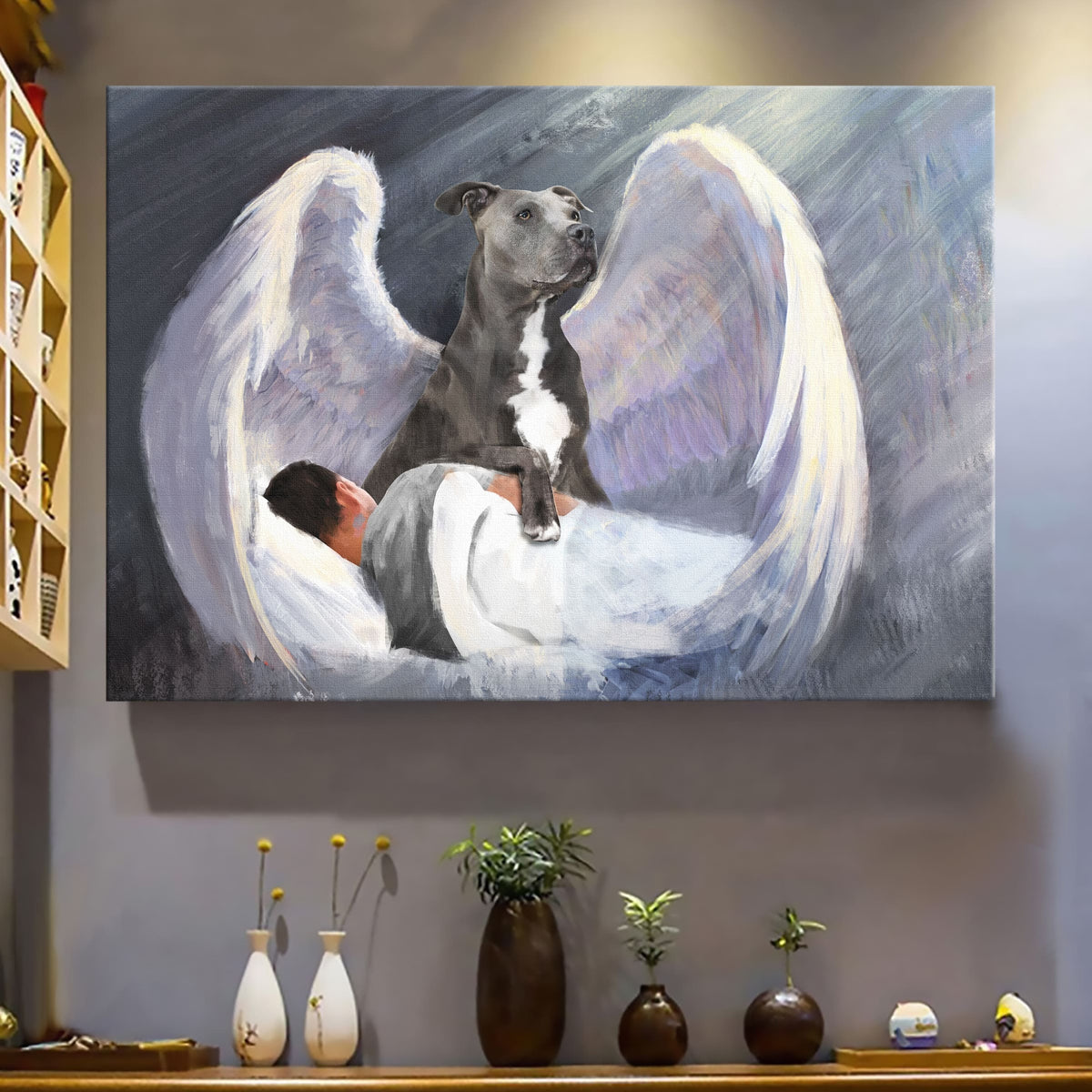 Sleeping man, Pit bull, Beautiful Wings, I&#39;ll protect you - Pit bull Landscape Canvas Prints, Wall Art