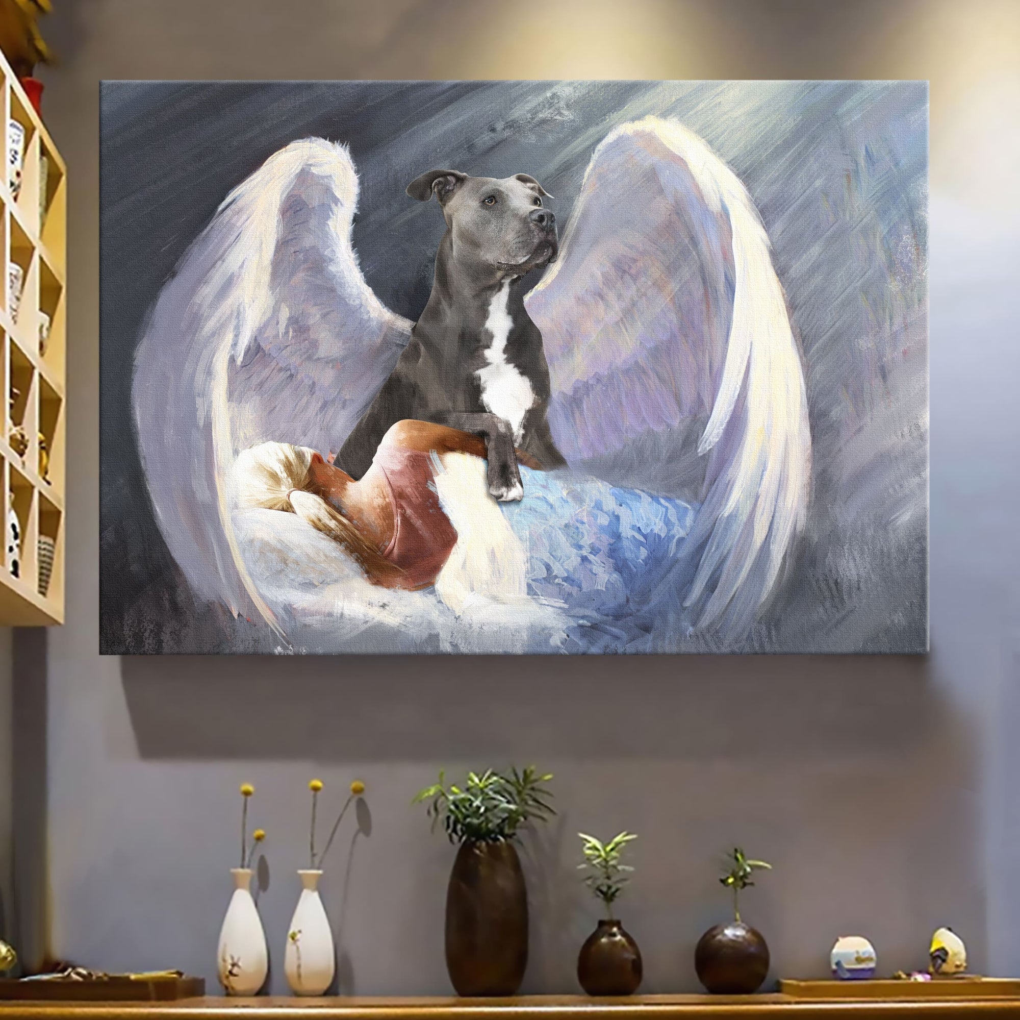 Sleeping girl, Pit bull, Beautiful Wings, I'll protect you - Pit bull Landscape Canvas Prints, Wall Art