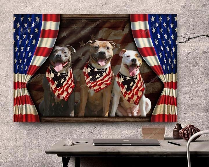 Pit bull, America flag, On the stage - Dog Landscape Canvas Prints, Wall Art
