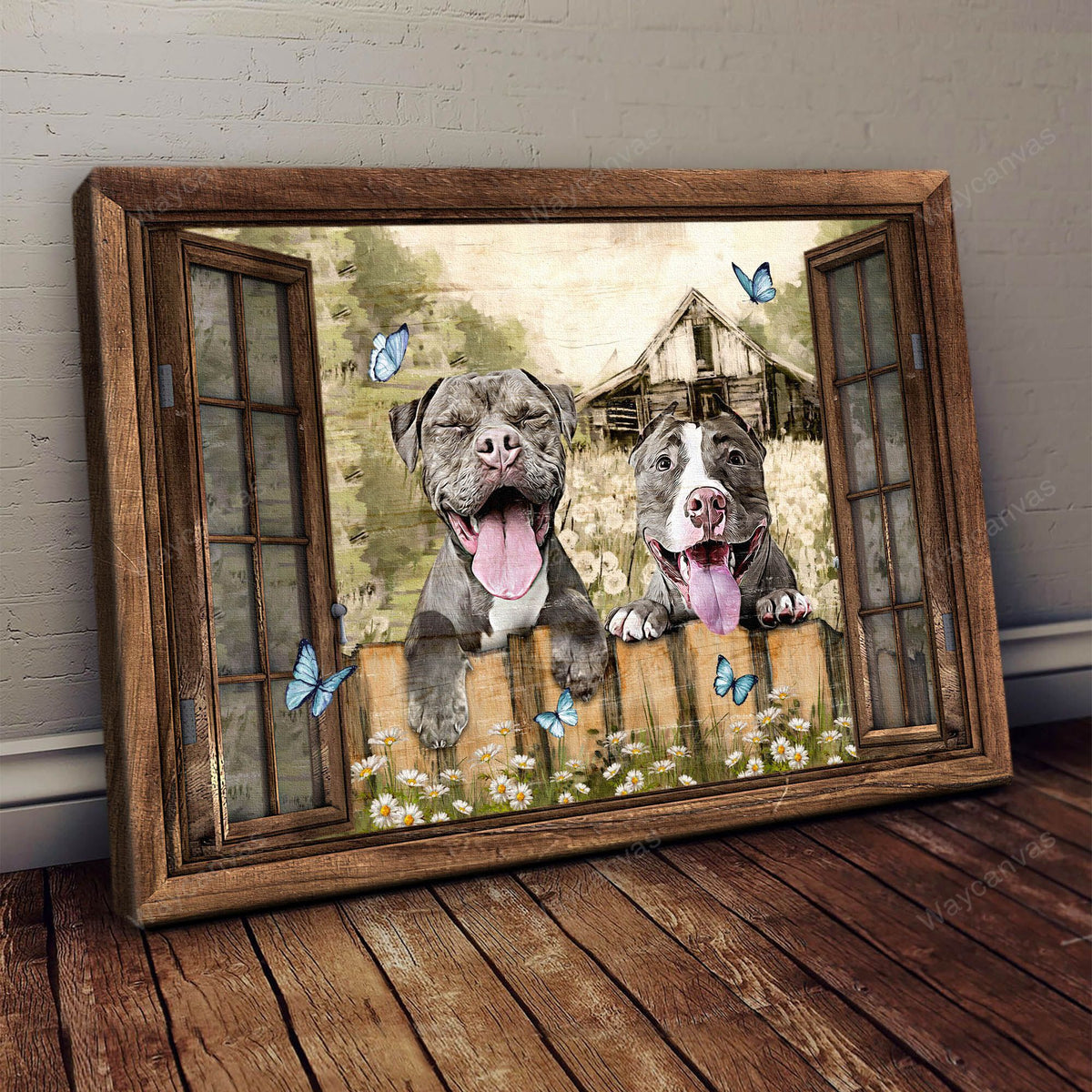 American Pit bull, Window painting, Blue butterfly - Pit bull Landscape Canvas Prints, Wall Art