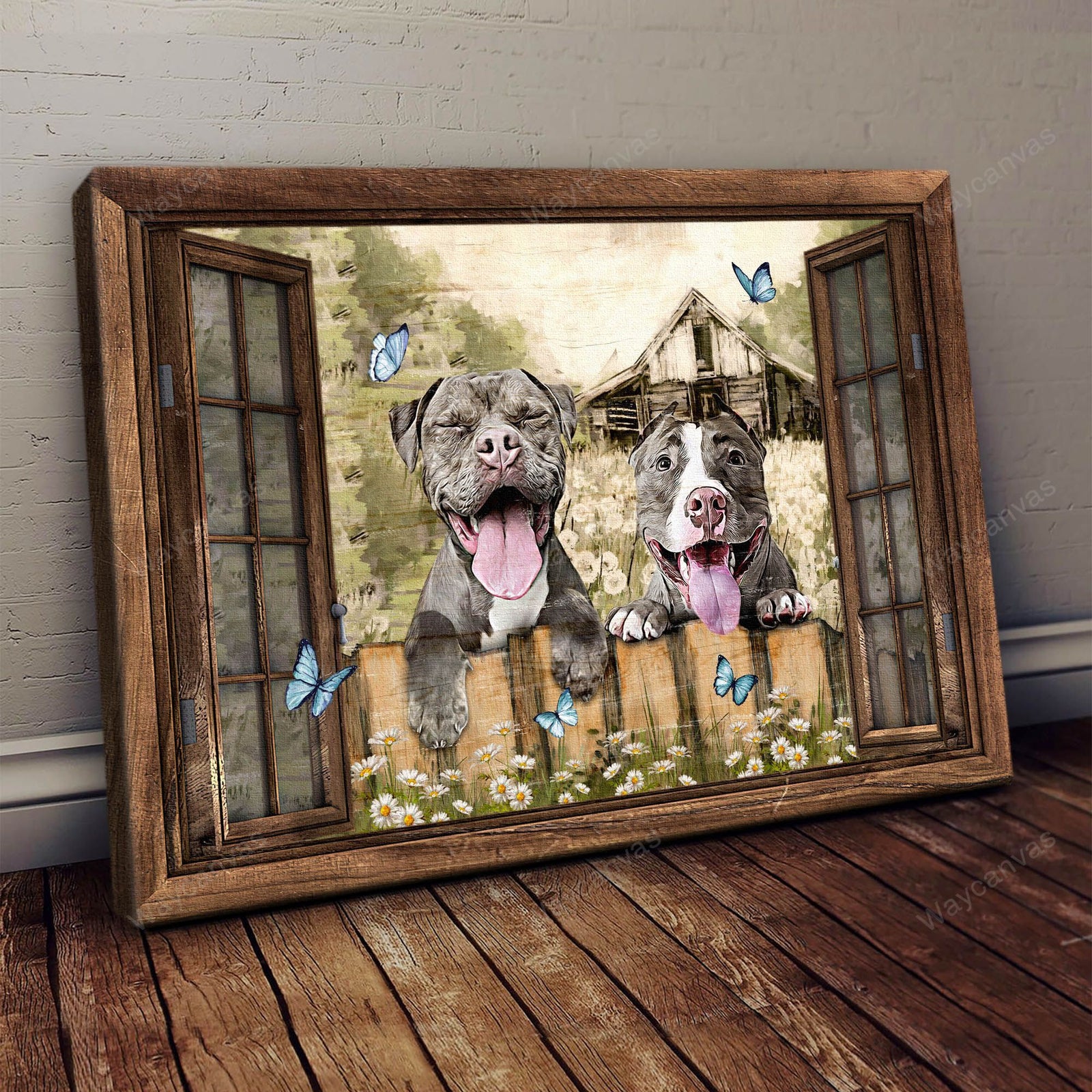 American Pit bull, Window painting, Blue butterfly - Pit bull Landscape Canvas Prints, Wall Art
