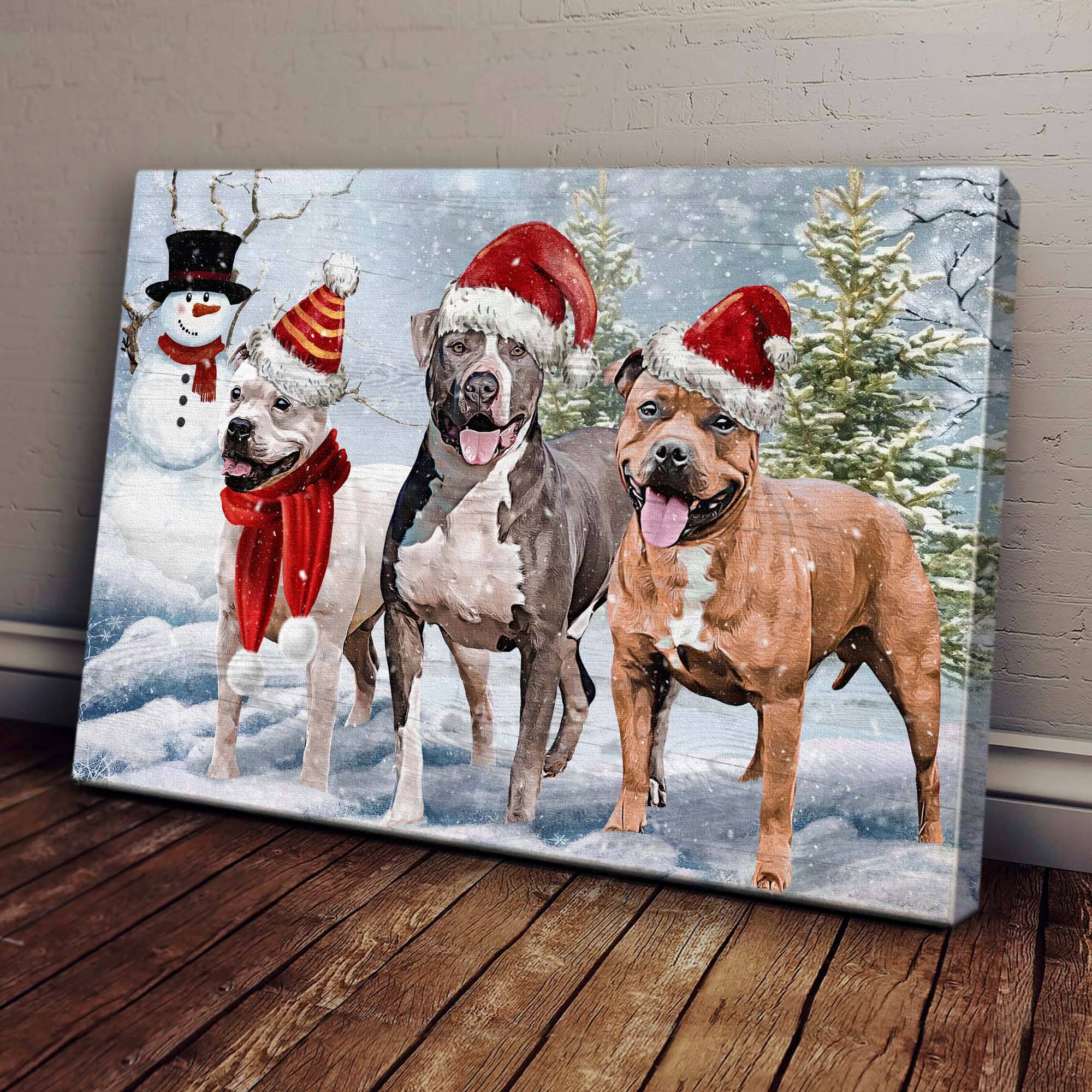 Pitbull wearing Santa hat - Dog Landscape Canvas Print - Wall Art