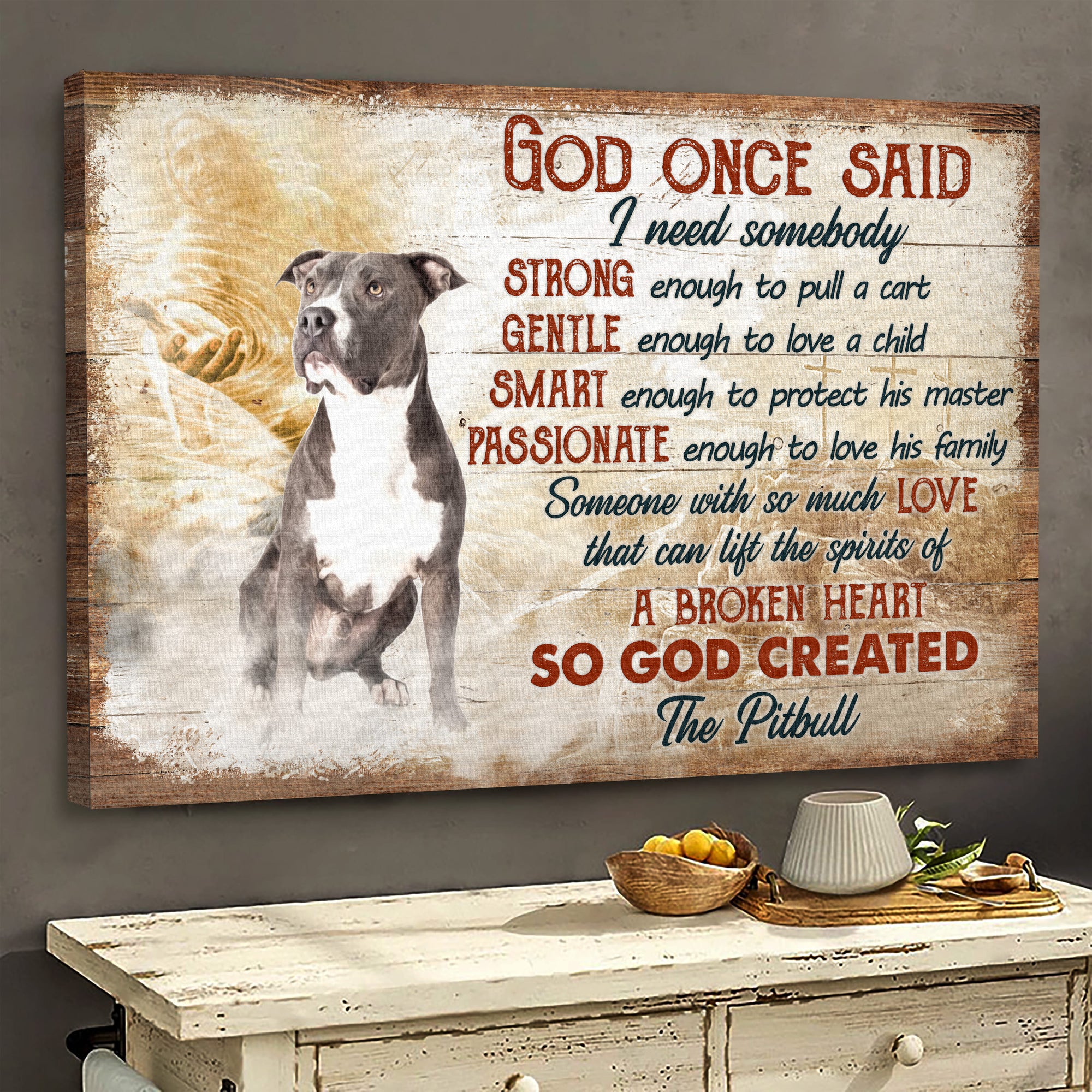 Pit bull, Jesus hand, So God created the Pit bull - Dog Landscape Canvas Prints, Wall Art