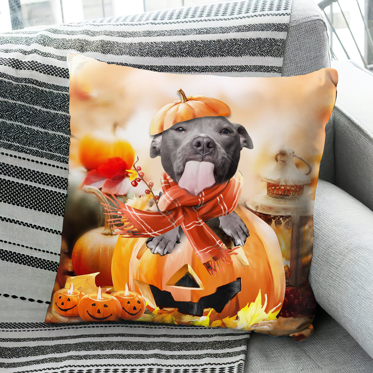Pit Bull- Little Pit Bull and the pumpkin - Dog AOP Pillow