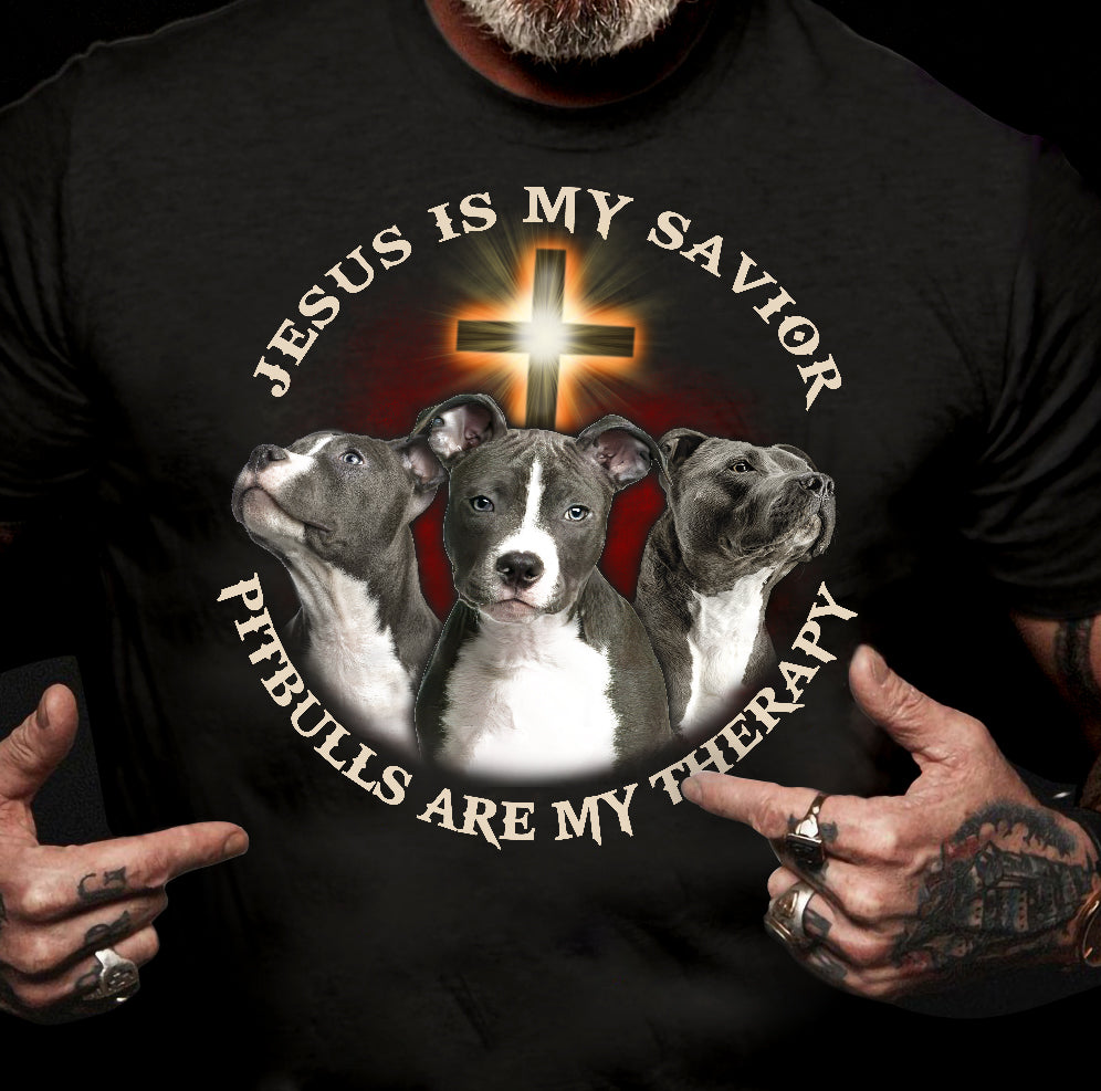 Jesus is my savior, Pitbulls are my therapy - Dog Black Apparel