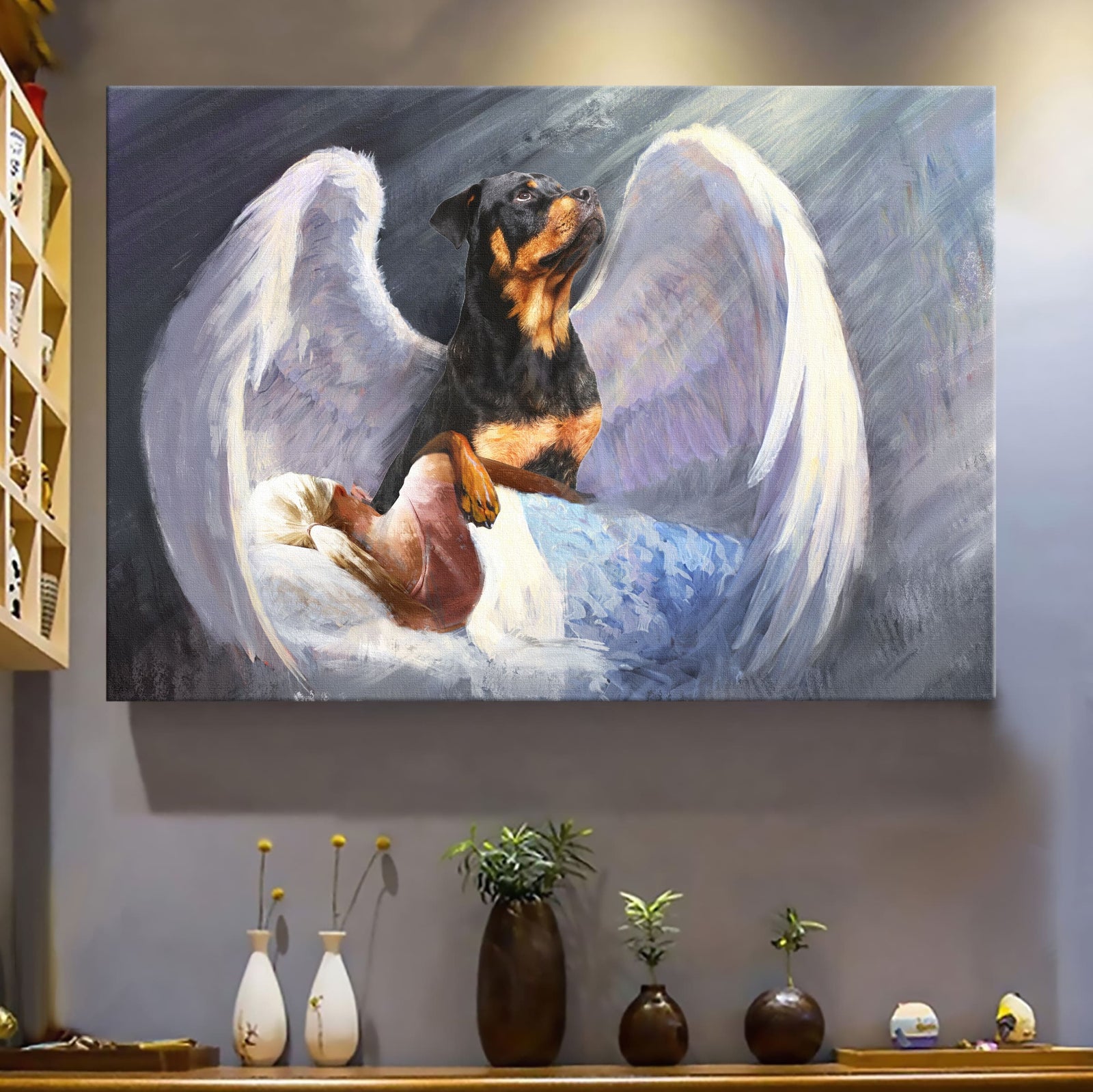 Sleeping girl, Rottweiler, Beautiful Wings, I'll protect you - Rottweiler Landscape Canvas Prints, Wall Art