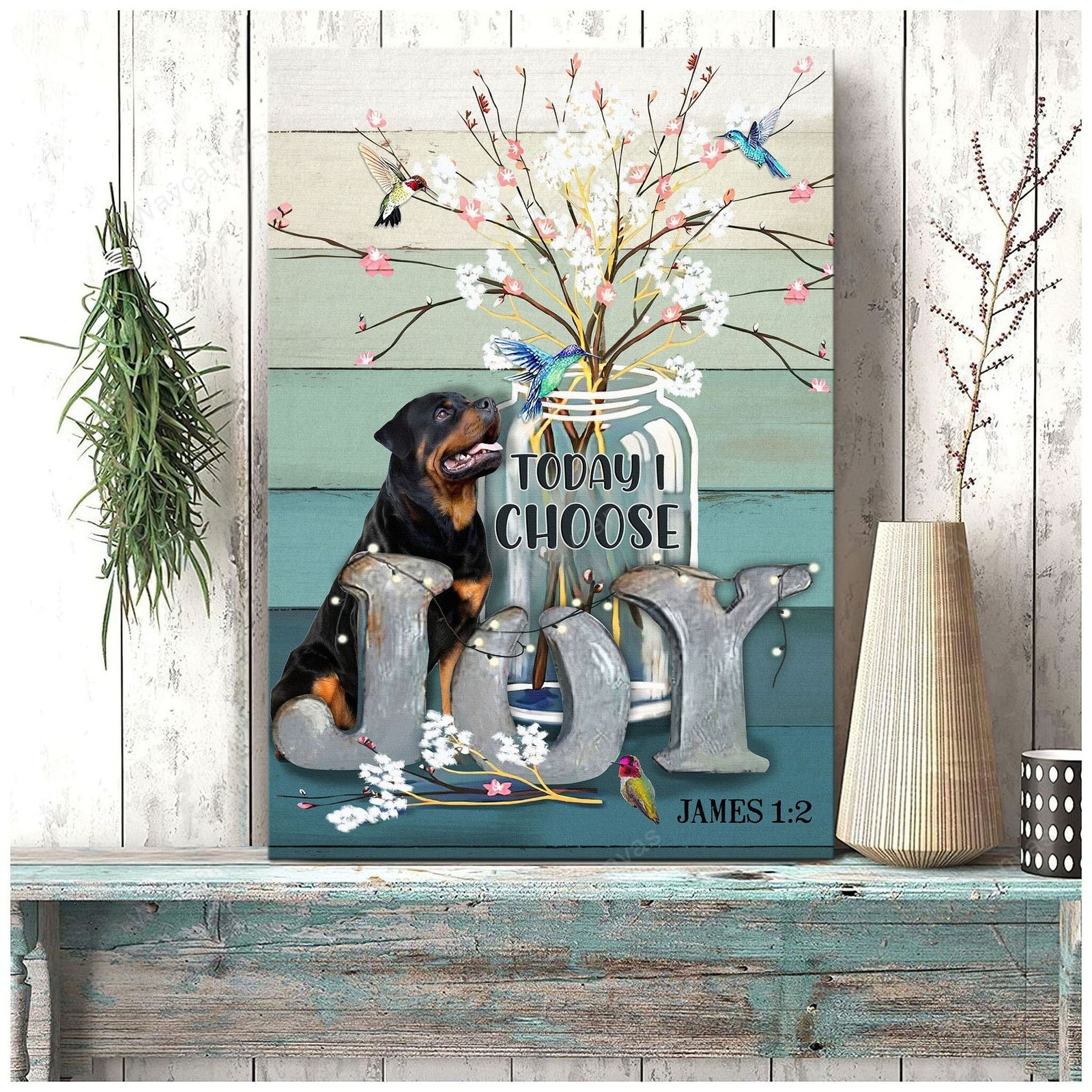 Rottweiler, Baby flower vase, Hummingbird, Today I choose joy - Rottweiler Portrait Canvas Prints, Wall Art