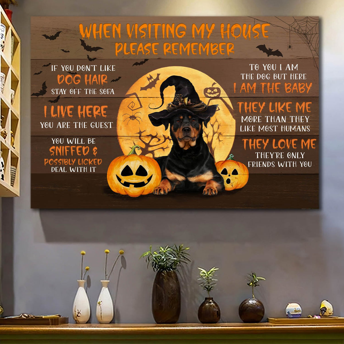 Rottweiler, Halloween Pumpkin, Bat, Full moon, When visiting my house please remember - Dog Landscape Canvas Prints, Wall Art
