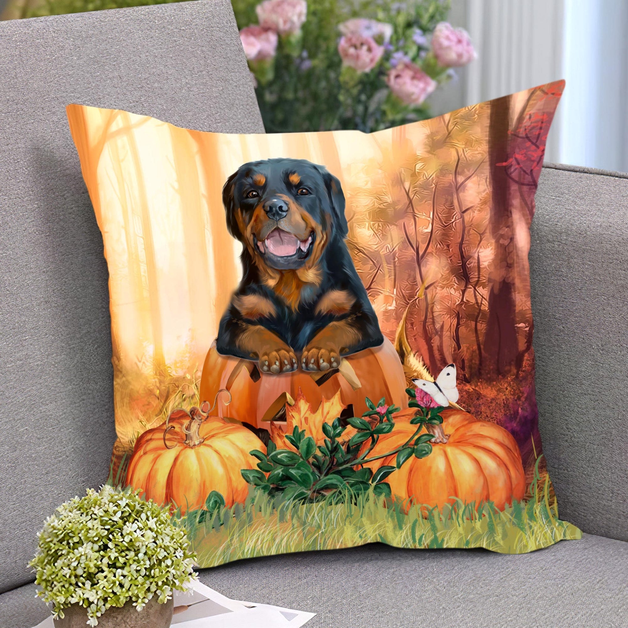 Rottweiler and awesome Halloween pumpkins Rottweiler AOP Pillow