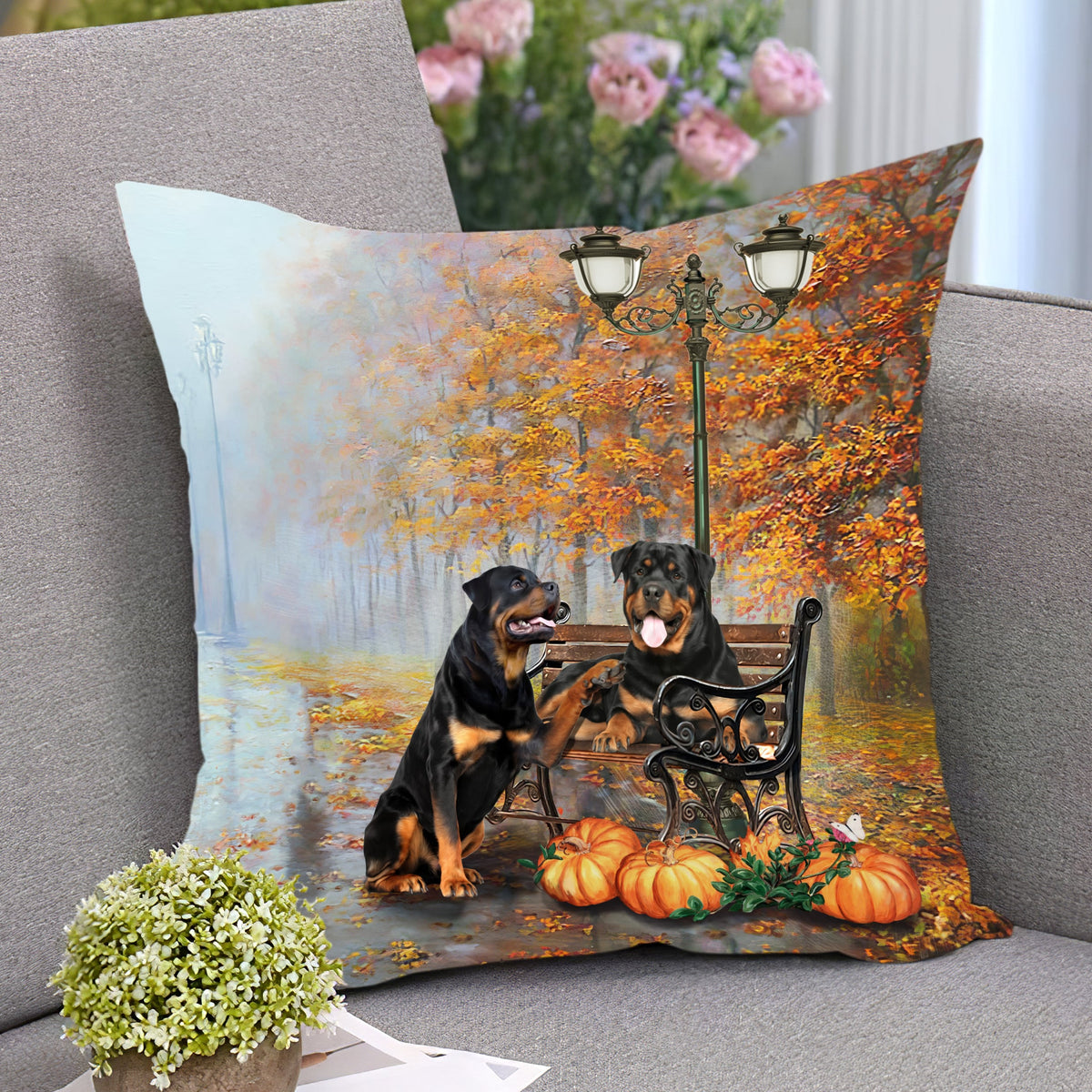 Rottweiler and Halloween pumpkins Rottweiler AOP Pillow