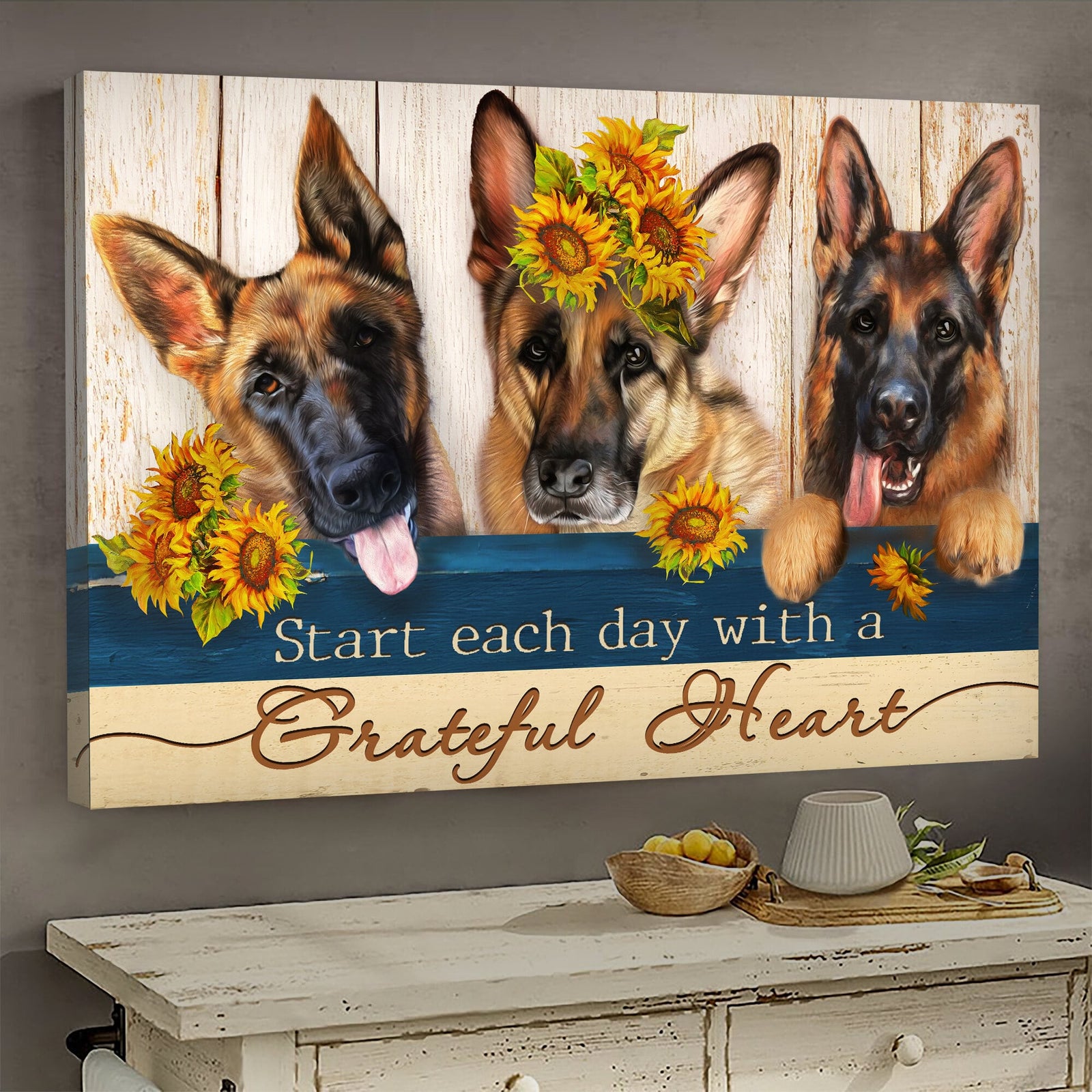 German Shepherd dog, Sunflower drawing, Start each day with a grateful heart - German shepherd Landscape Canvas Prints, Wall Art