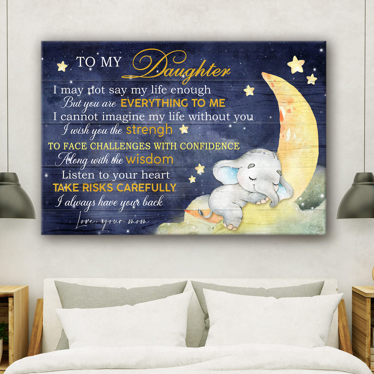 Mom to daughter, Sleeping Baby Elephant, Moon, I always have your back - Family Landscape Canvas Prints, Wall Art
