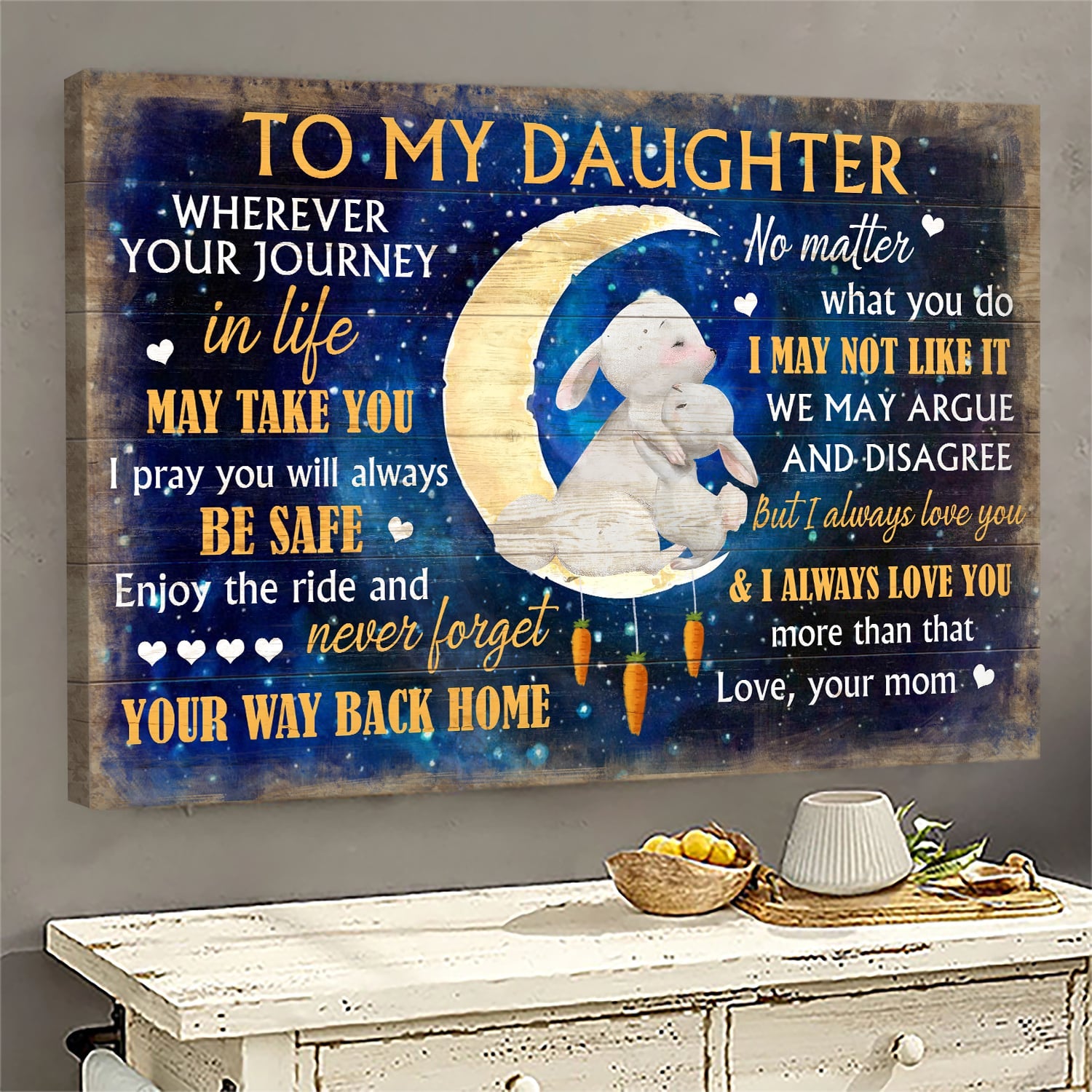 Mom to daughter, On the moon, Rabbits Family, Wherever your journey in life may take you - Family Landscape Canvas Prints, Wall Art
