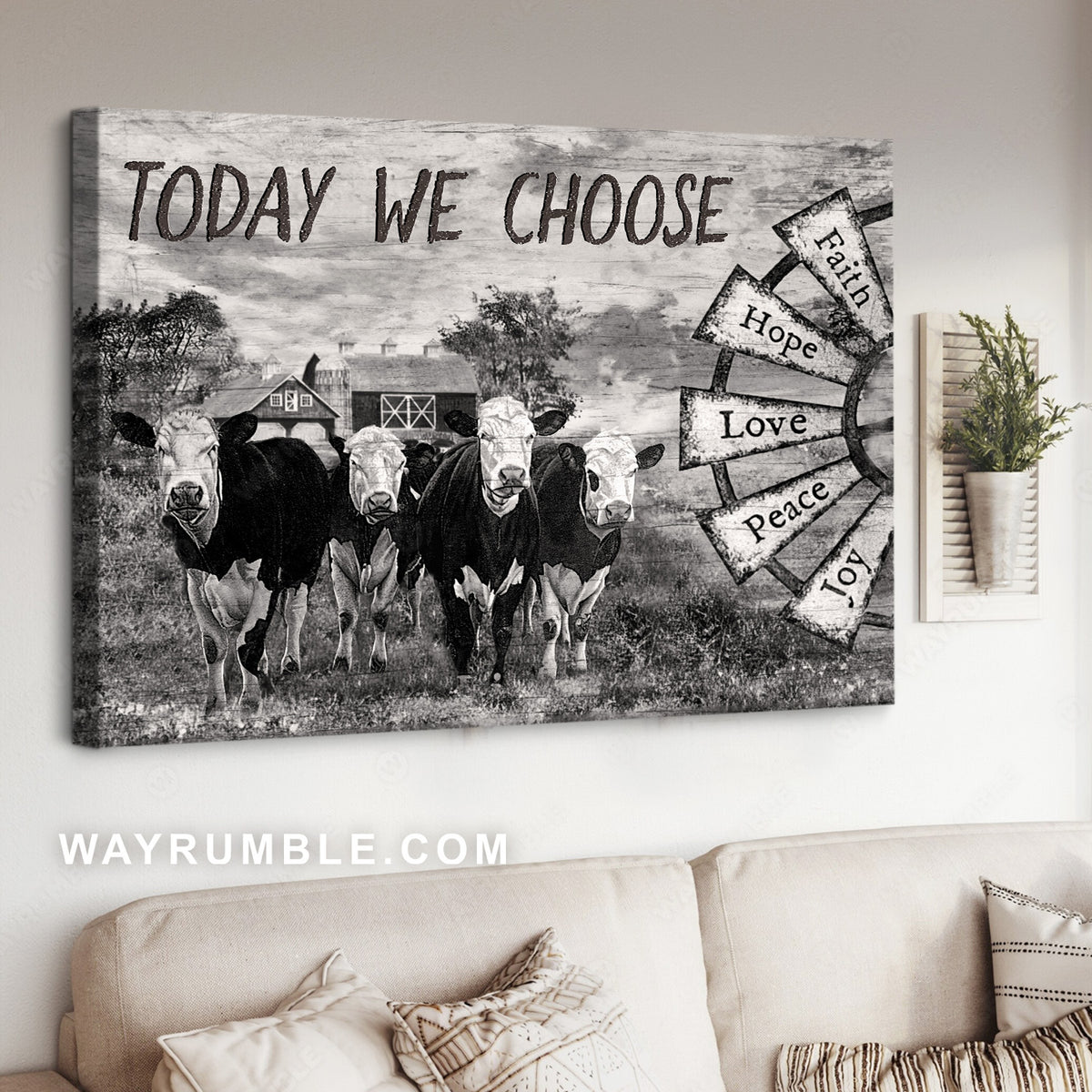 Dairy cow, Tranquil farm, Windmill drawing, Today we choose - Jesus Landscape Canvas Prints, Home Decor Wall Art