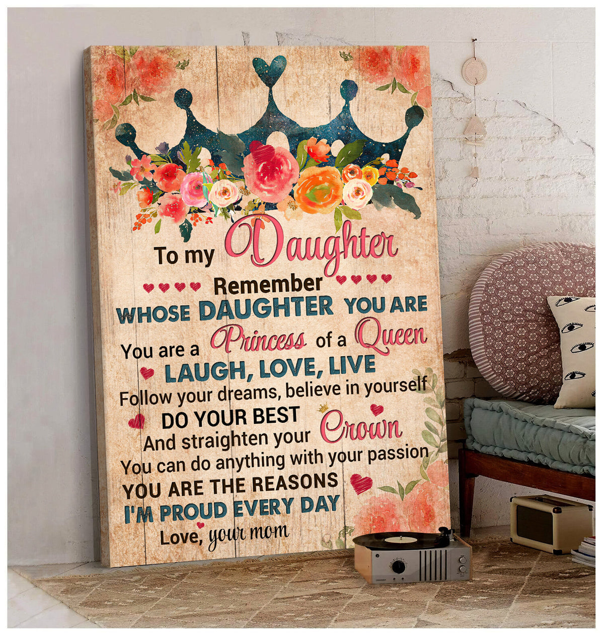 Mom to daughter, Flower Crown, Remember whose daughter you are - Family Portrait Canvas Prints, Wall Art