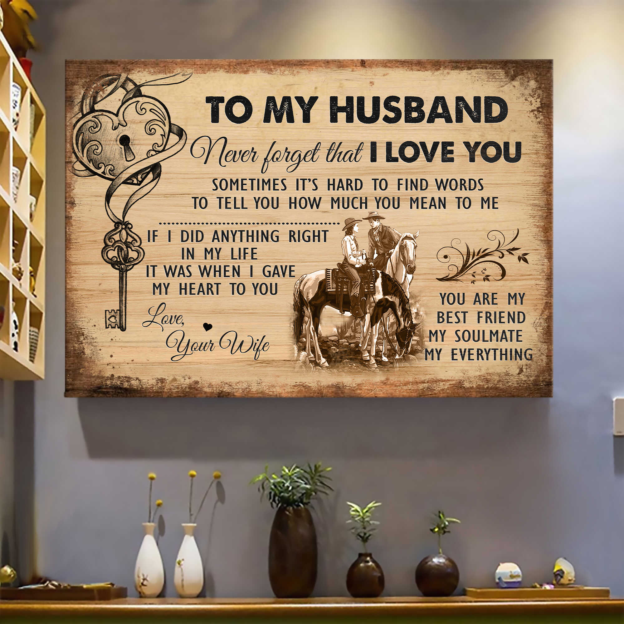To my husband, Cowboy Couple, Riding a horse, Lock and Key, Never forget that I love you - Couple Landscape Canvas Prints, Wall Art
