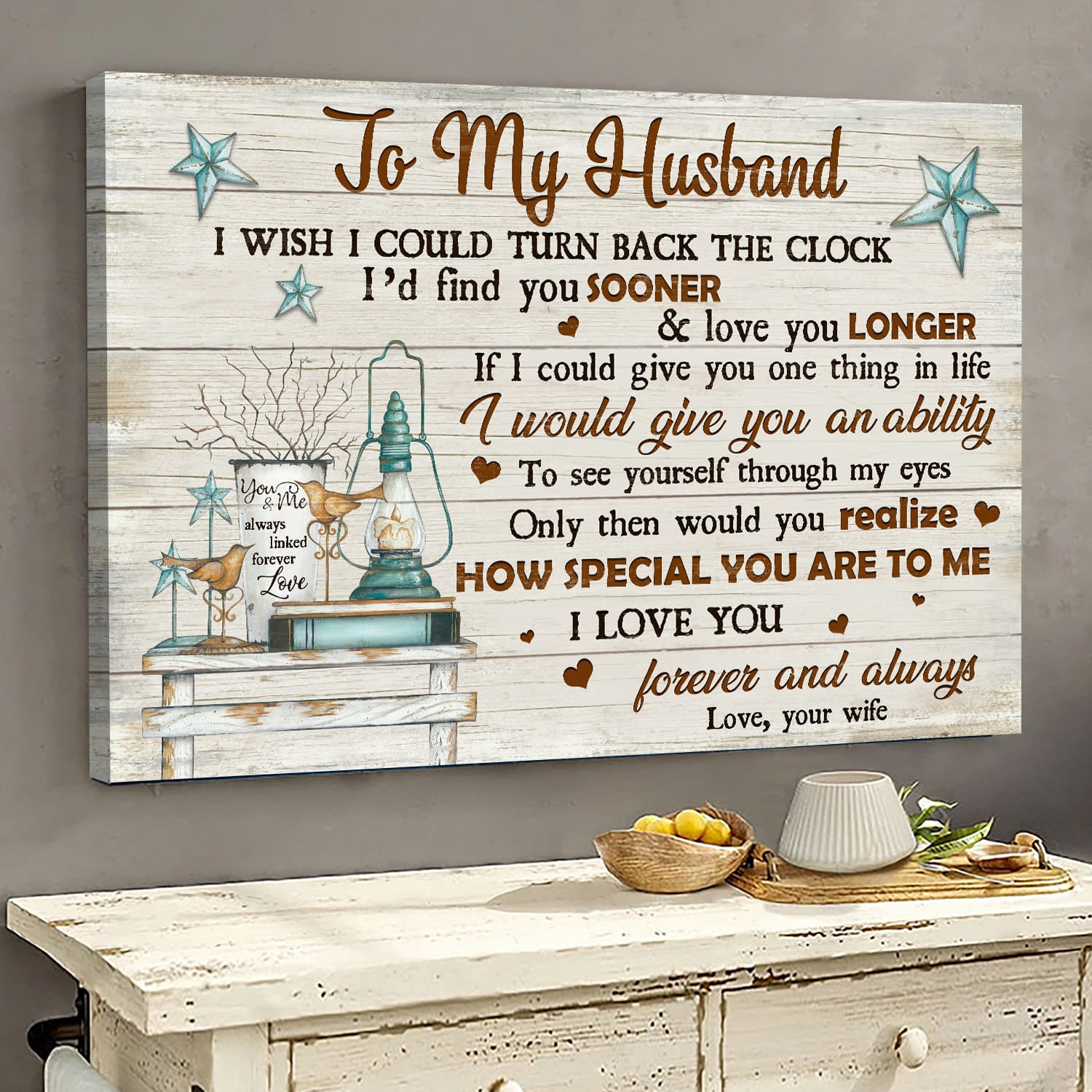 To my husband, Oil Lamp, Wooden Bird, How special you are to me - Couple Landscape Canvas Prints, Wall Art