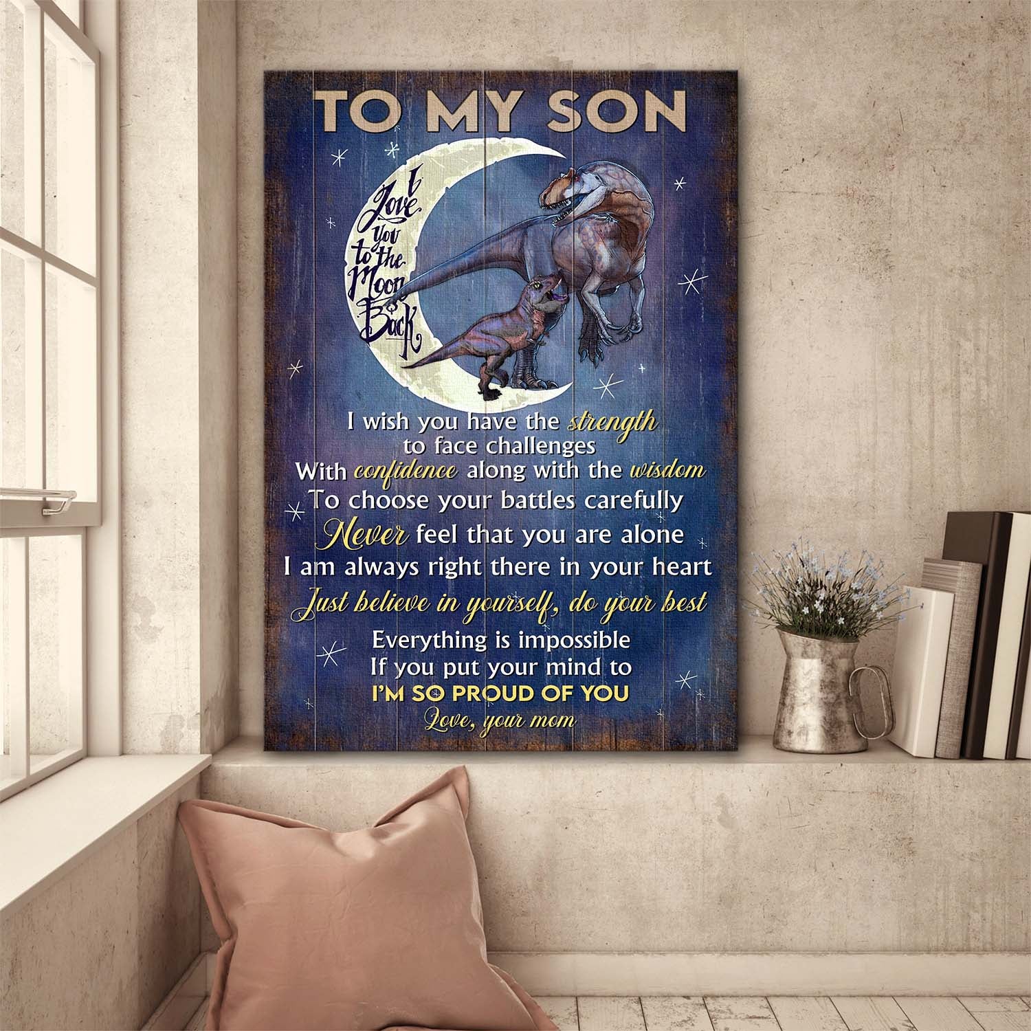 Mom to son, Moon, Dinosaur family, Just believe in yourself, do your best - Family Portrait Canvas Prints, Wall Art