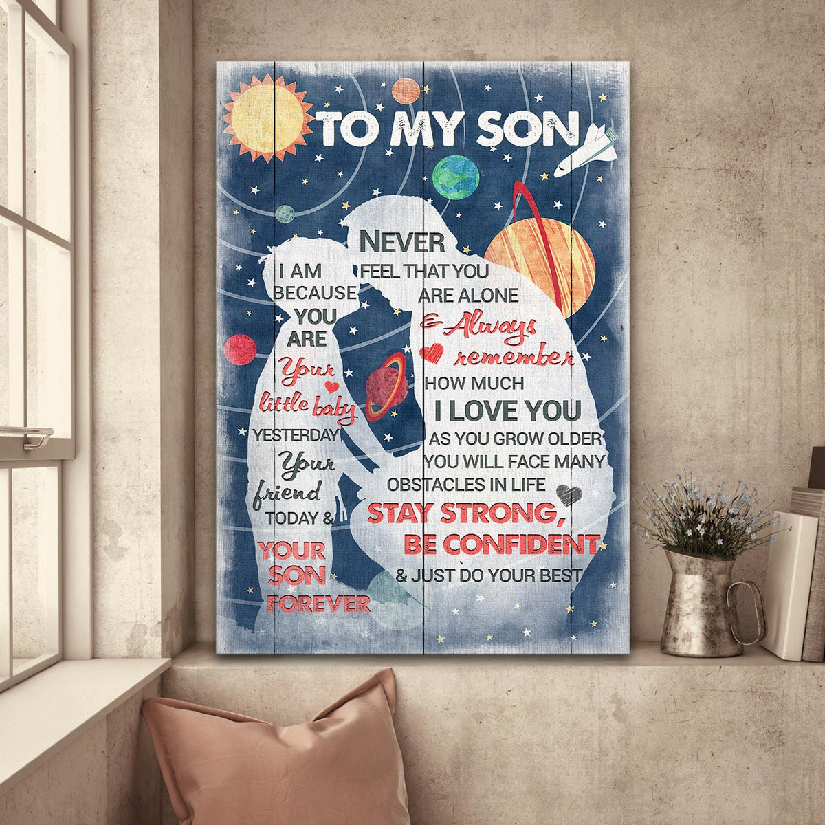 Dad to son, Solar system, Dad and son touching foreheads, Stay strong, be confident and just do your best - Family Portrait Canvas Prints, Wall Art