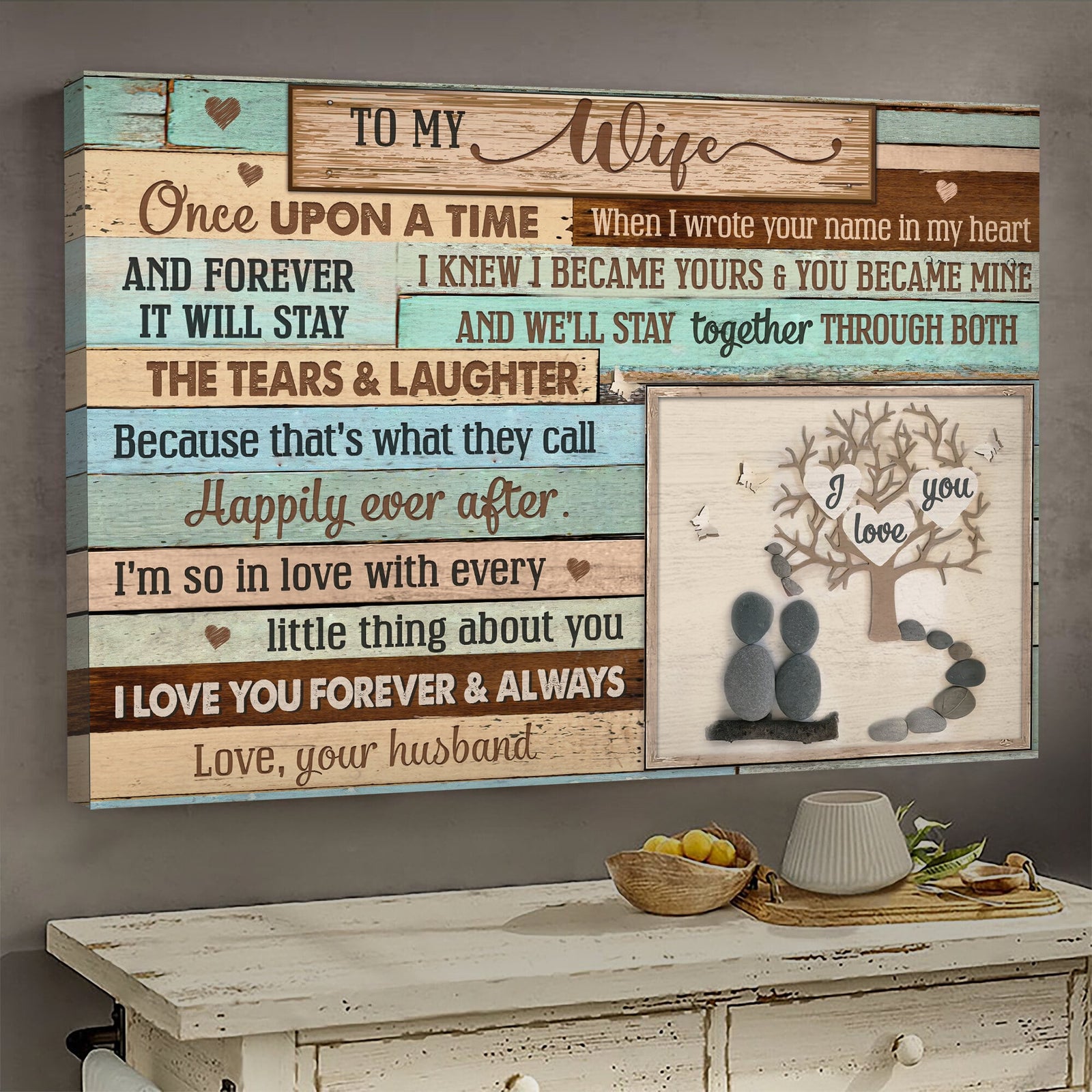 To my wife, Pebble couple, I love you tree, We'll stay together through both the tears and laughter - Couple Landscape Canvas Prints, Wall Art