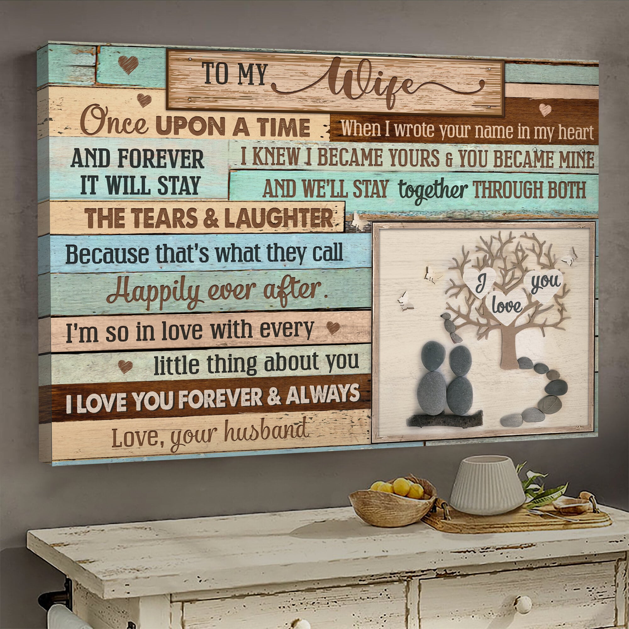 To my wife, Pebble couple, I love you tree, We'll stay together through both the tears and laughter - Couple Landscape Canvas Prints, Wall Art