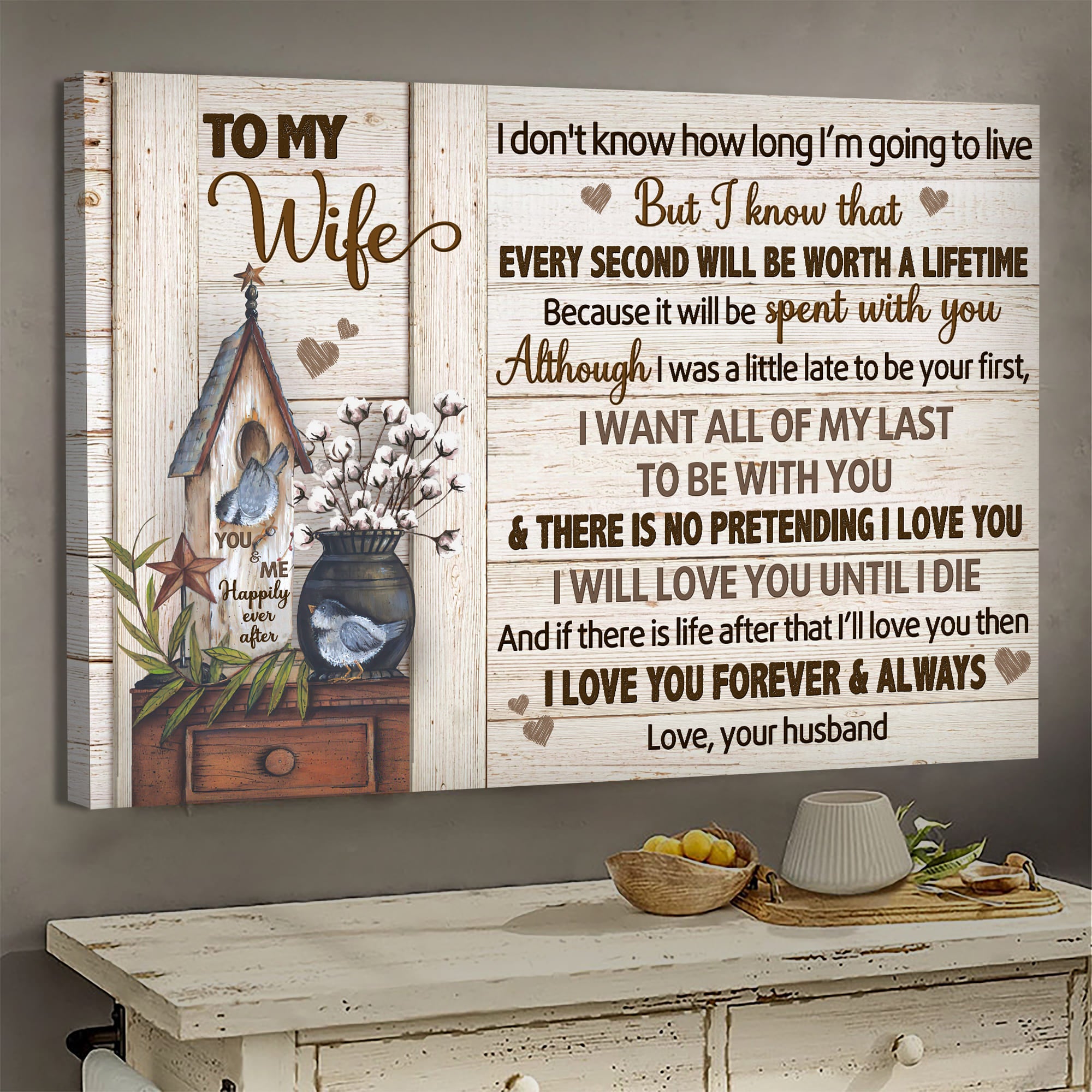 To my wife, Cotton flower vase, Bird nest, I love you forever and always - Couple Landscape Canvas Prints, Wall Art
