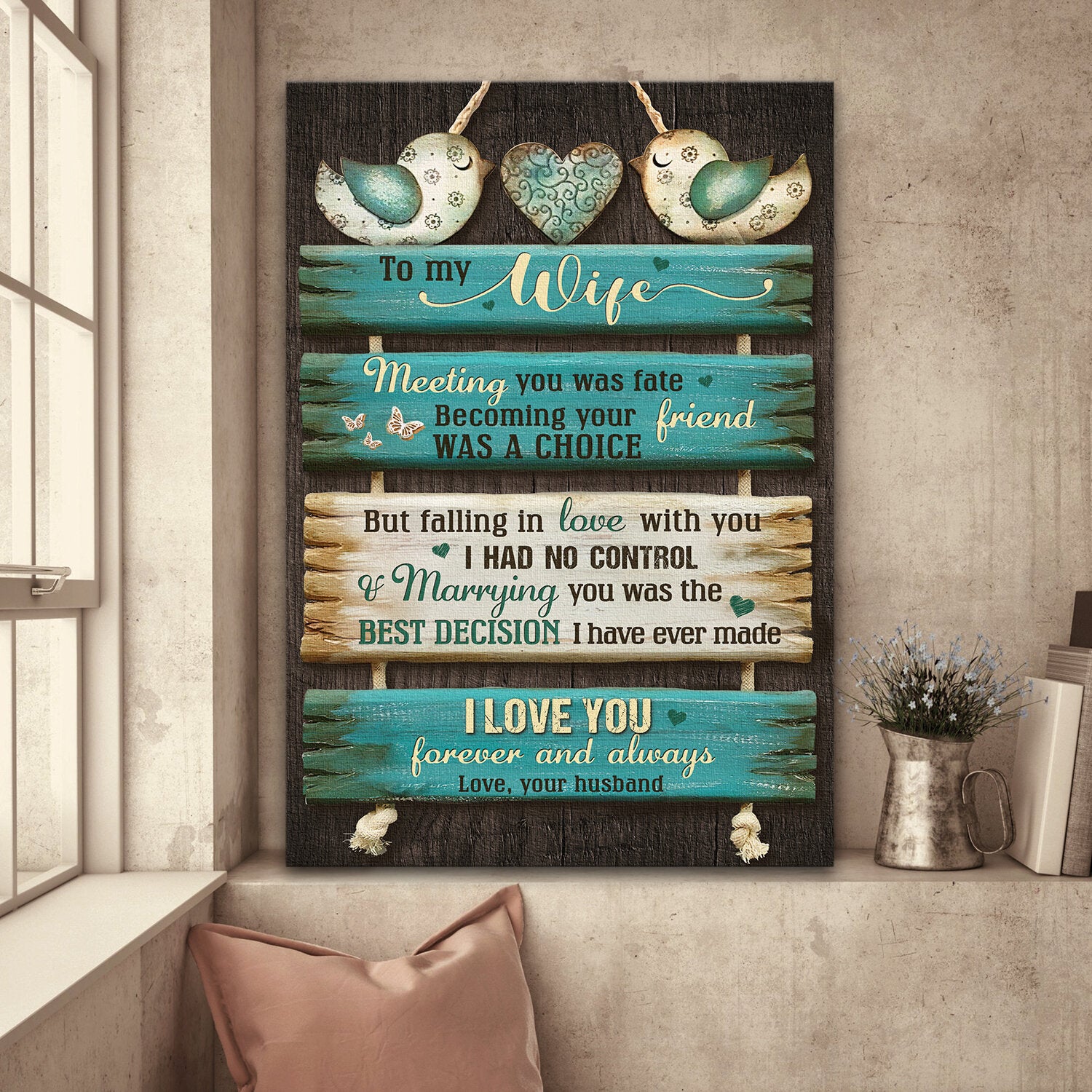 To my wife, Hanging wooden board, Bird Couple, I love you forever and always - Couple Portrait Canvas Prints, Wall Art