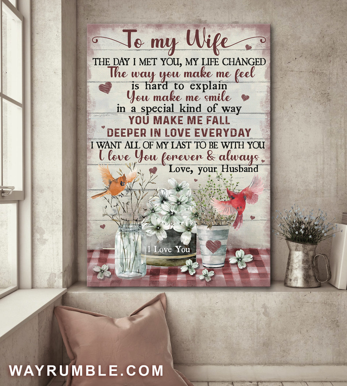 To my wife, Cardinal Couple, Flower vase, I love you forever and always - Couple Portrait Canvas Prints, Wall Art