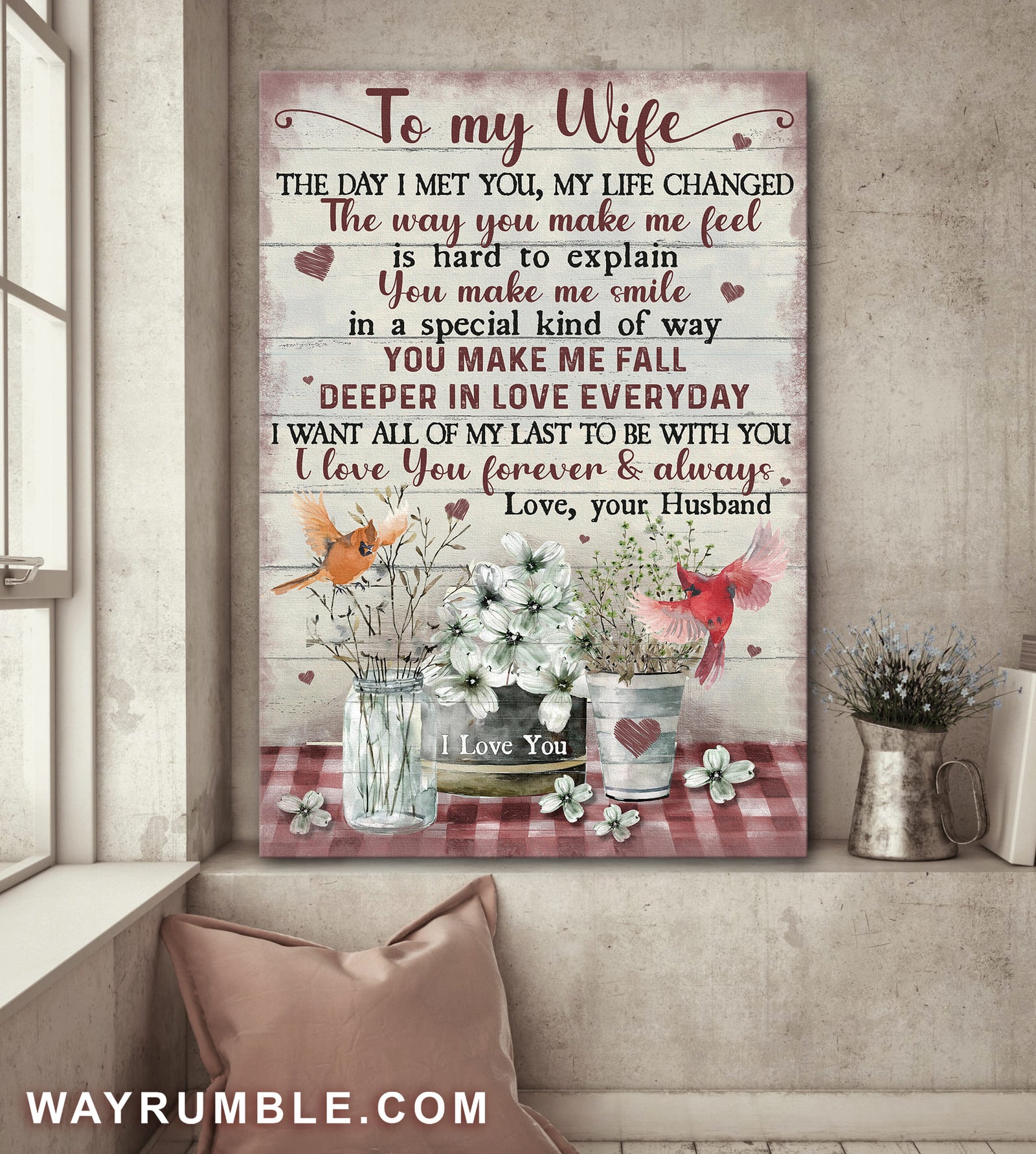 To my wife, Cardinal Couple, Flower vase, I love you forever and always - Couple Portrait Canvas Prints, Wall Art