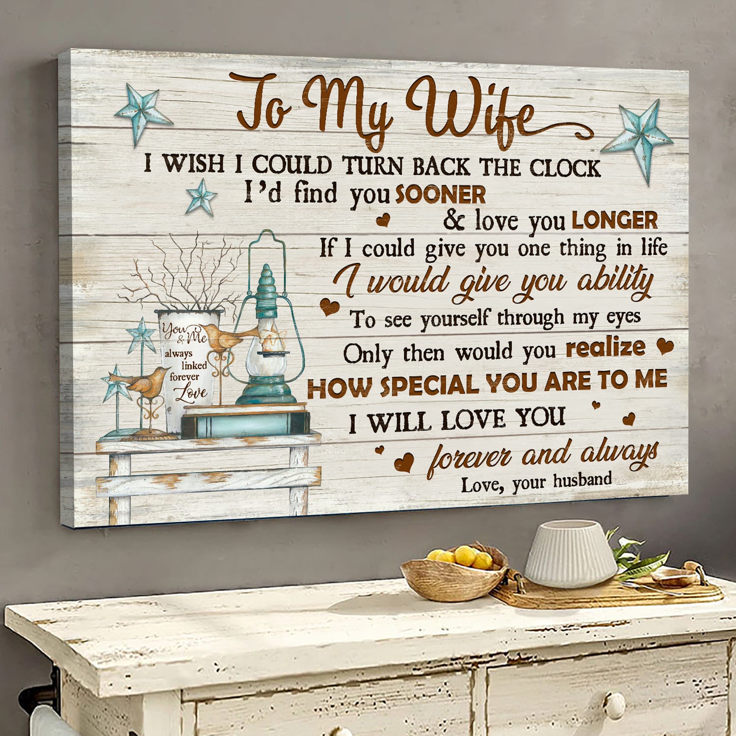To my wife, Vintage lantern, Blue stars, How special you are to me - Couple Landscape Canvas Prints, Wall Art